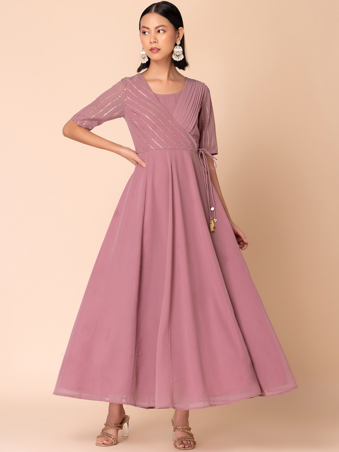 

Rang by Indya V-Neck Georgette Anarkali Kurta, Pink