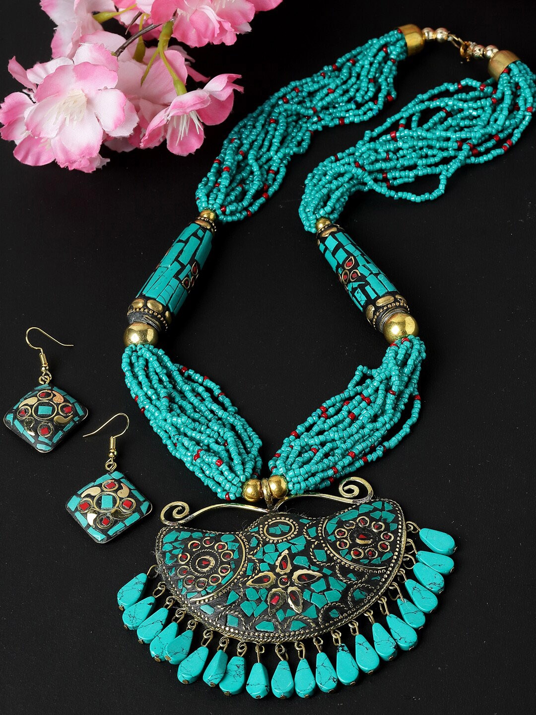 

Shining Diva Gold-Plated Crystal Studded & Beaded Jewellery Set
