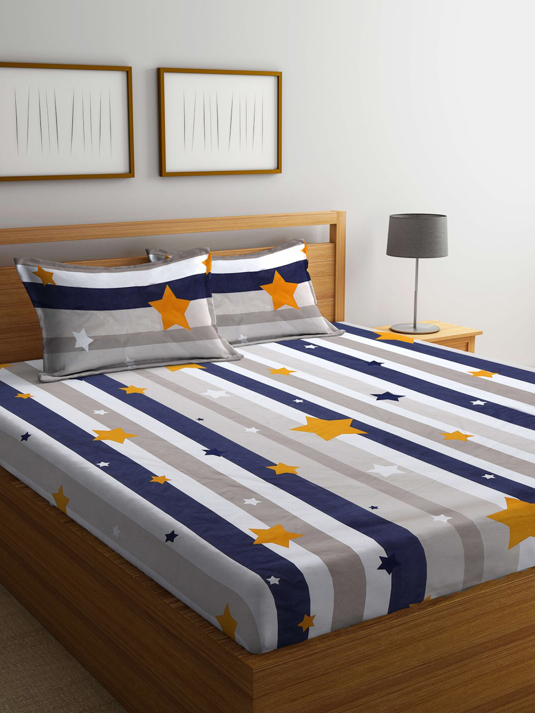 

KLOTTHE White & Blue Printed 300 TC Double Bed Bedsheet With 2 Pillow Covers