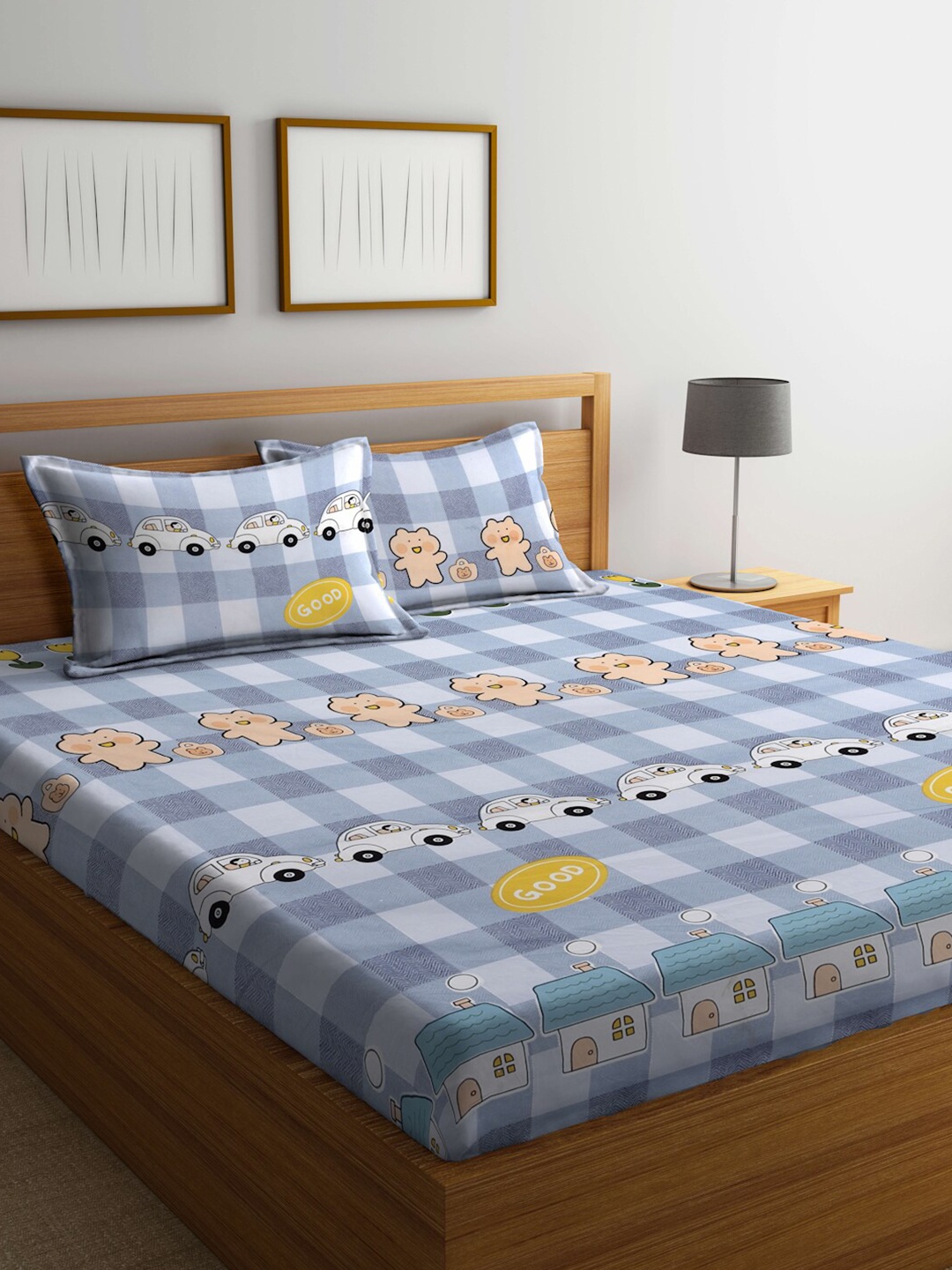 

KLOTTHE Blue & Beige Geometric Printed 300 TC Fitted King Bedsheet & 2 Pillow Covers