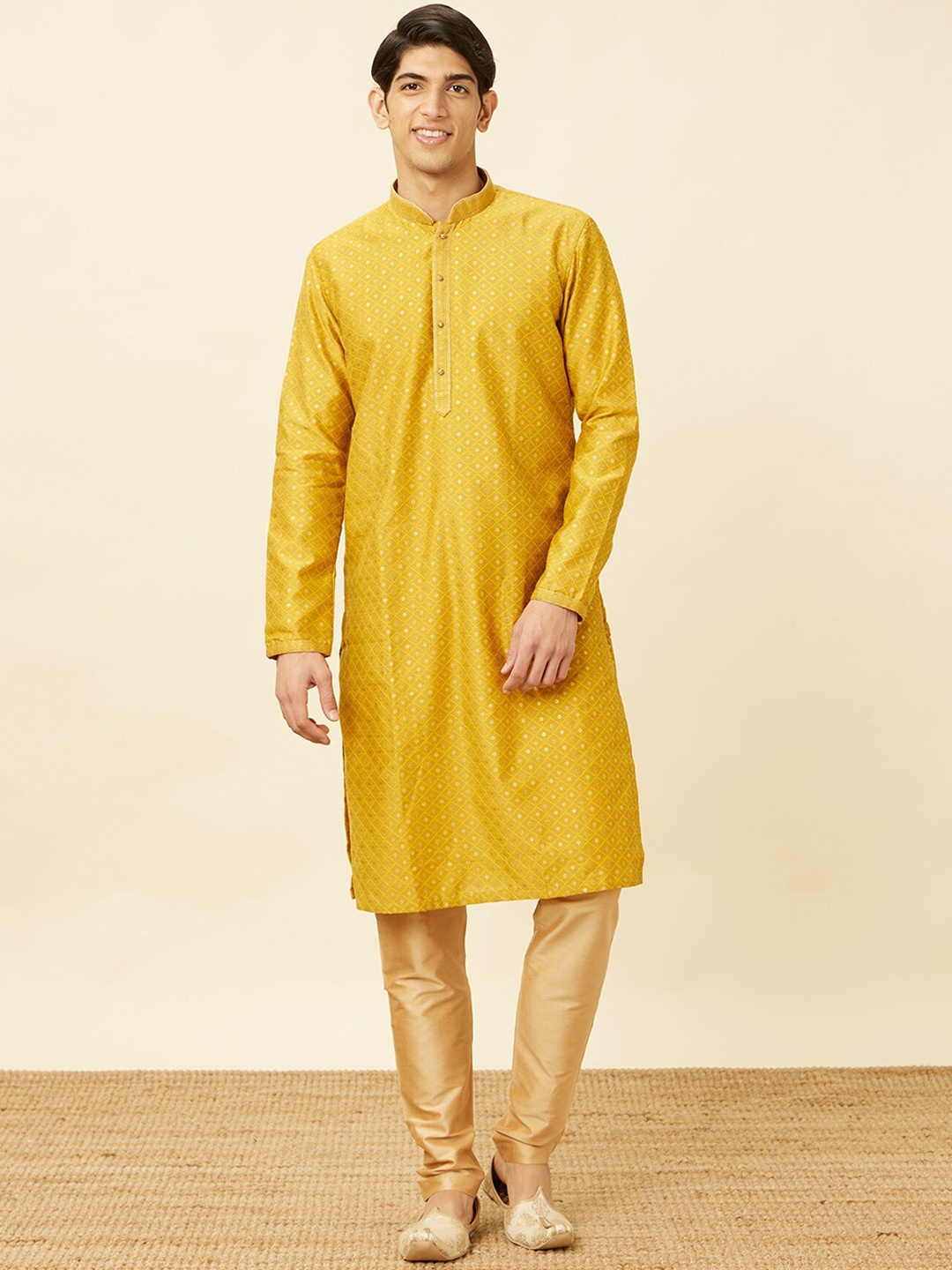 

Manyavar Ethnic Motifs Printed Mandarin Collar Thread Work Kurta & Pyjamas, Mustard