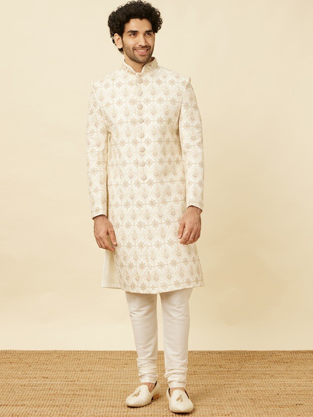

Manyavar Self-Design Sherwani with Solid Pyjama, Beige