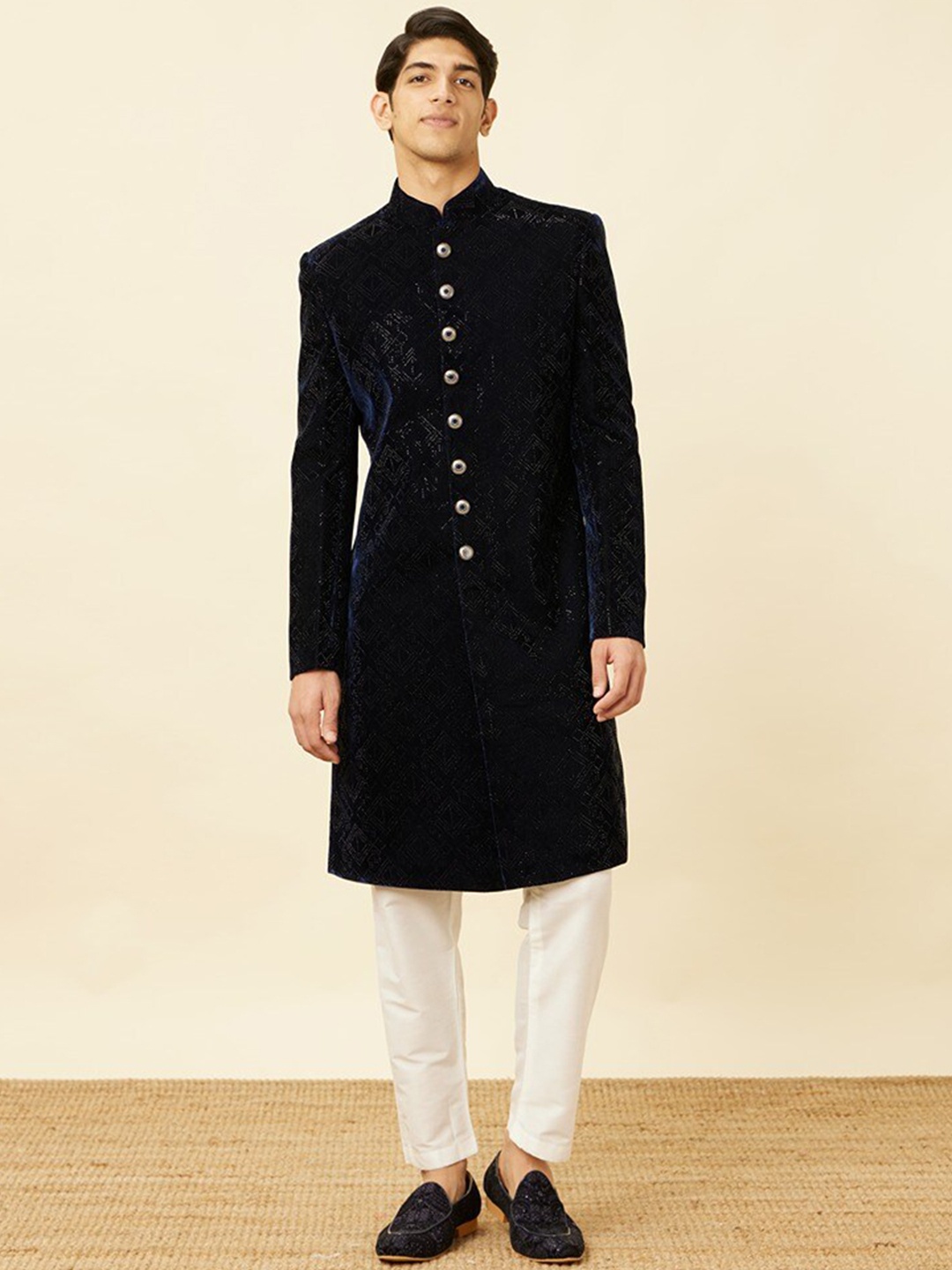 

Manyavar Velvet Self-Design Sherwani with Solid Trouser, Blue