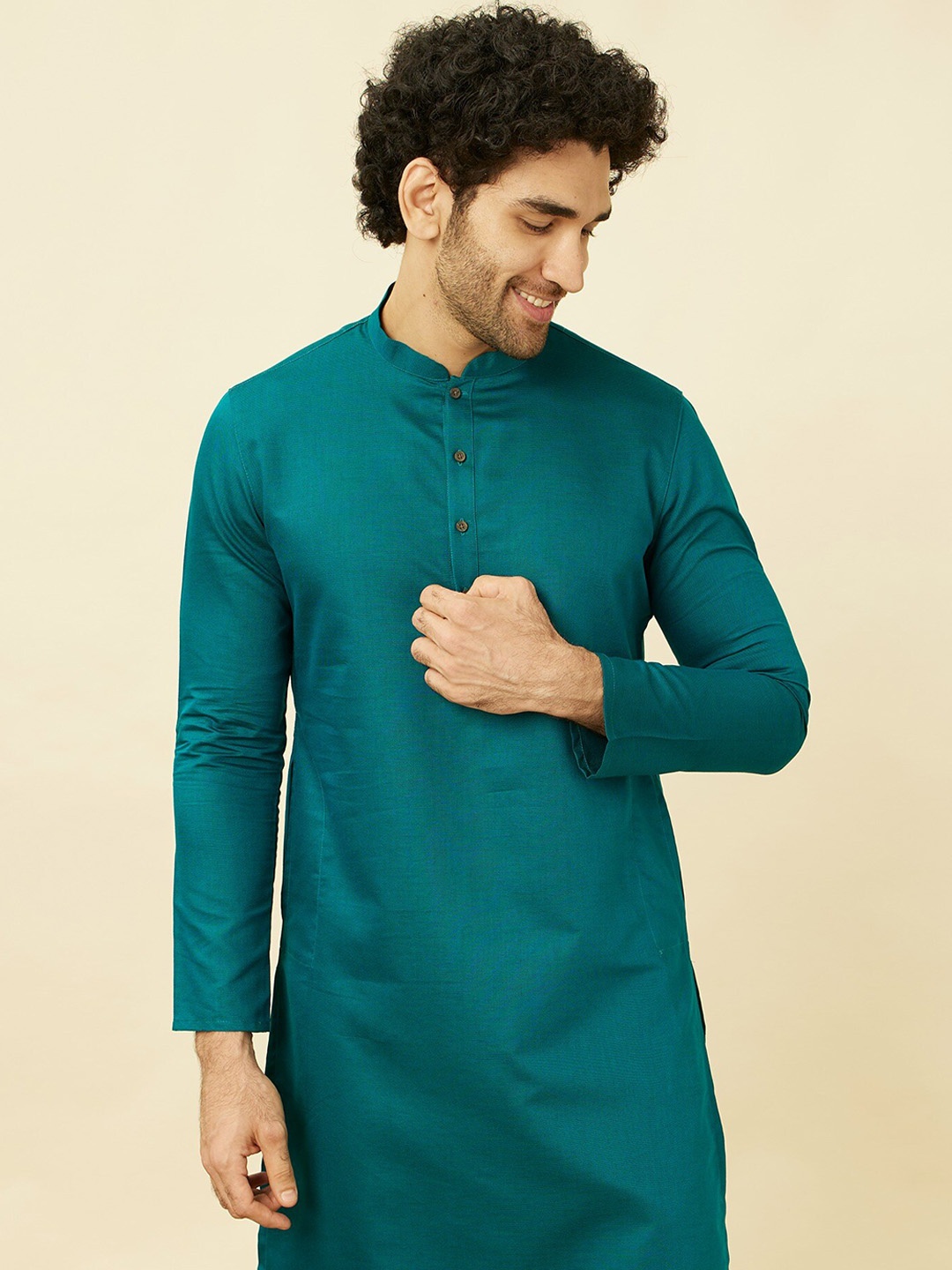 

Manyavar Mandarin Collar Pure Cotton Straight Kurta, Blue