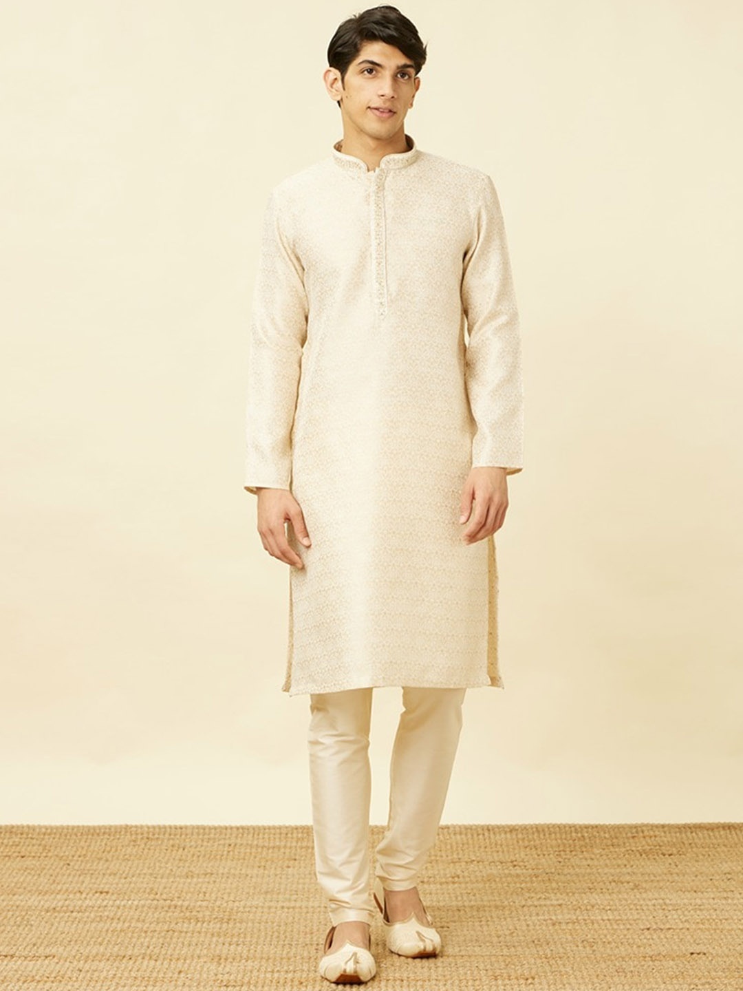 

Manyavar Ethnic Motifs Printed Mandarin Collar Thread Work Kurta & Pyjamas, Beige