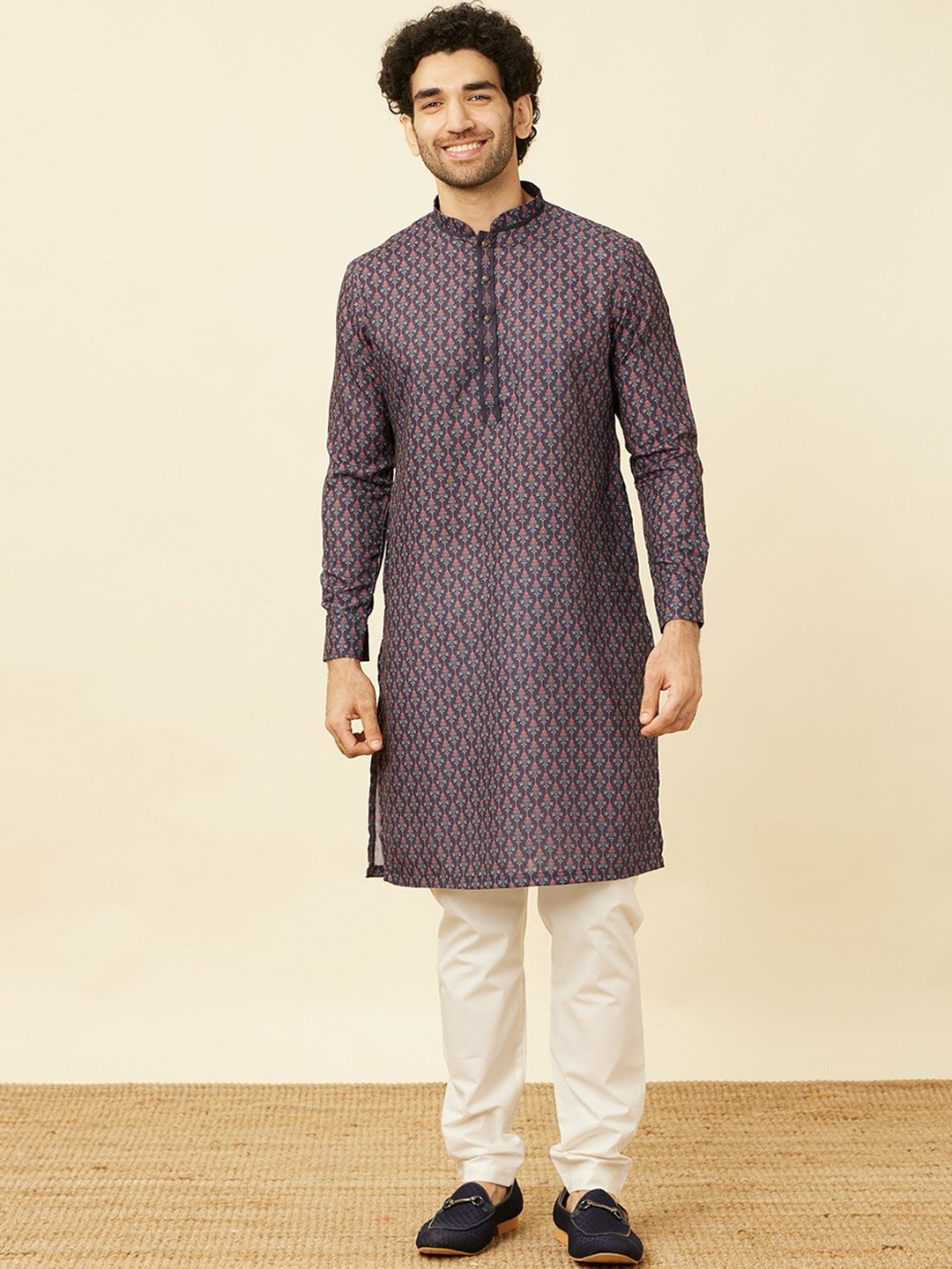 

Manyavar Ethnic Motifs Woven Design Art Silk Straight Kurta, Blue