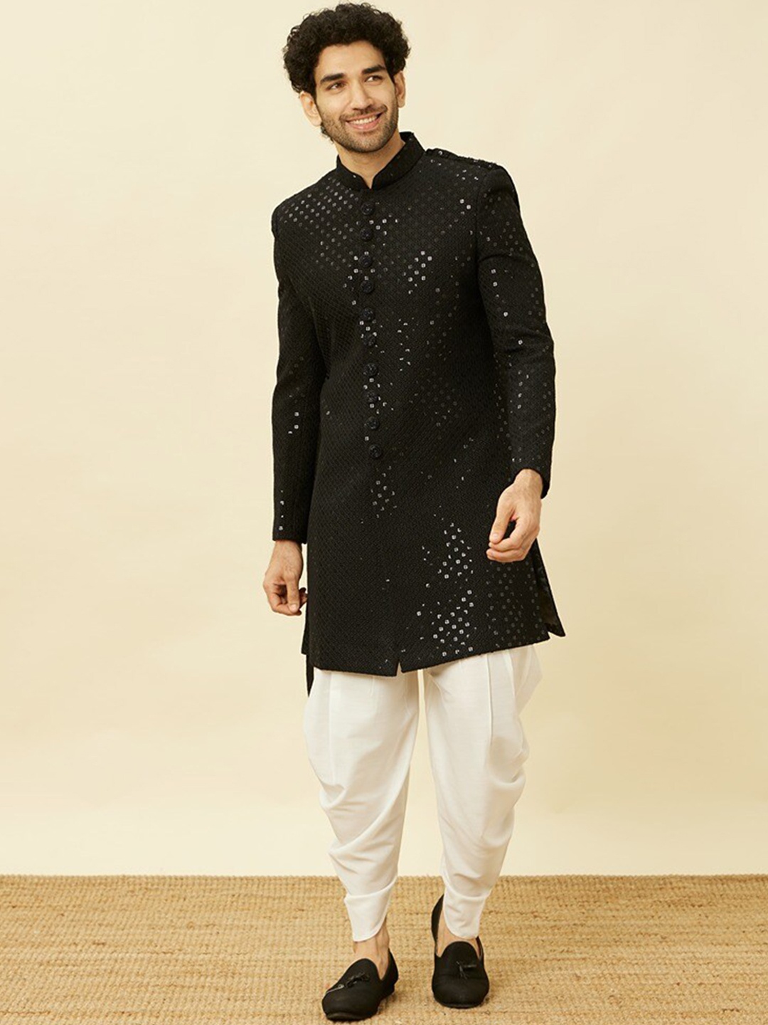 

Manyavar Sequin Embroidered Sherwani With Dhoti Pant, Black