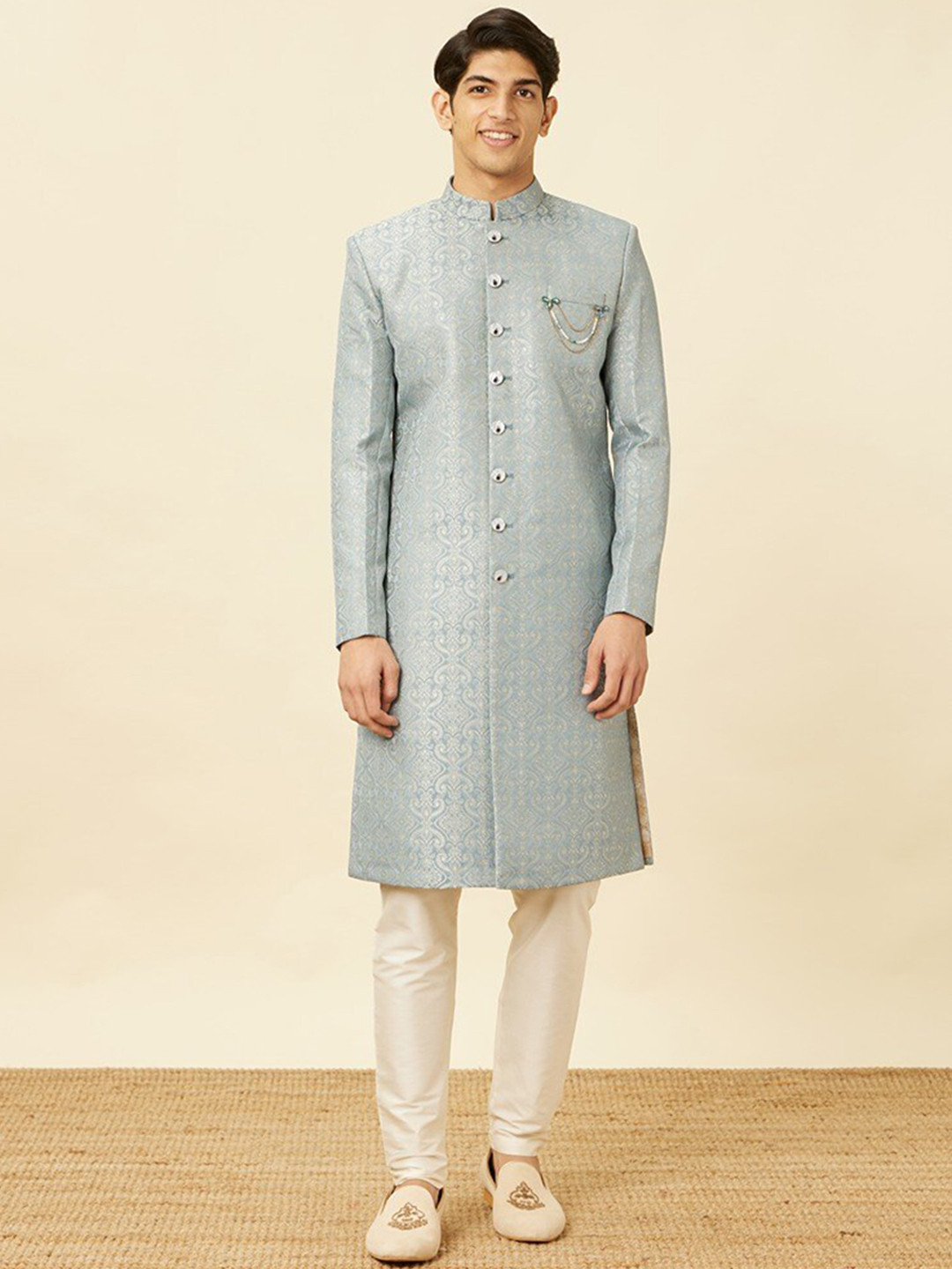 

Manyavar Self-Design Brocade Sherwani Set, Blue