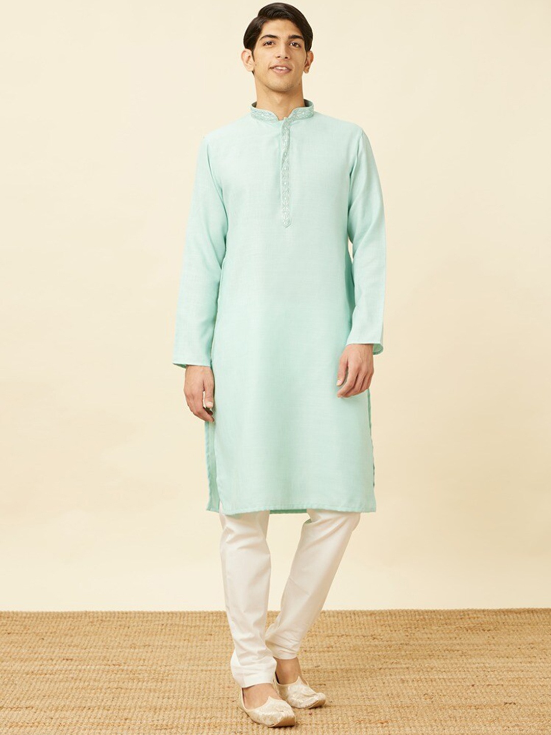 

Manyavar Mandarin Collar Regular Kurta with Pyjamas, Blue