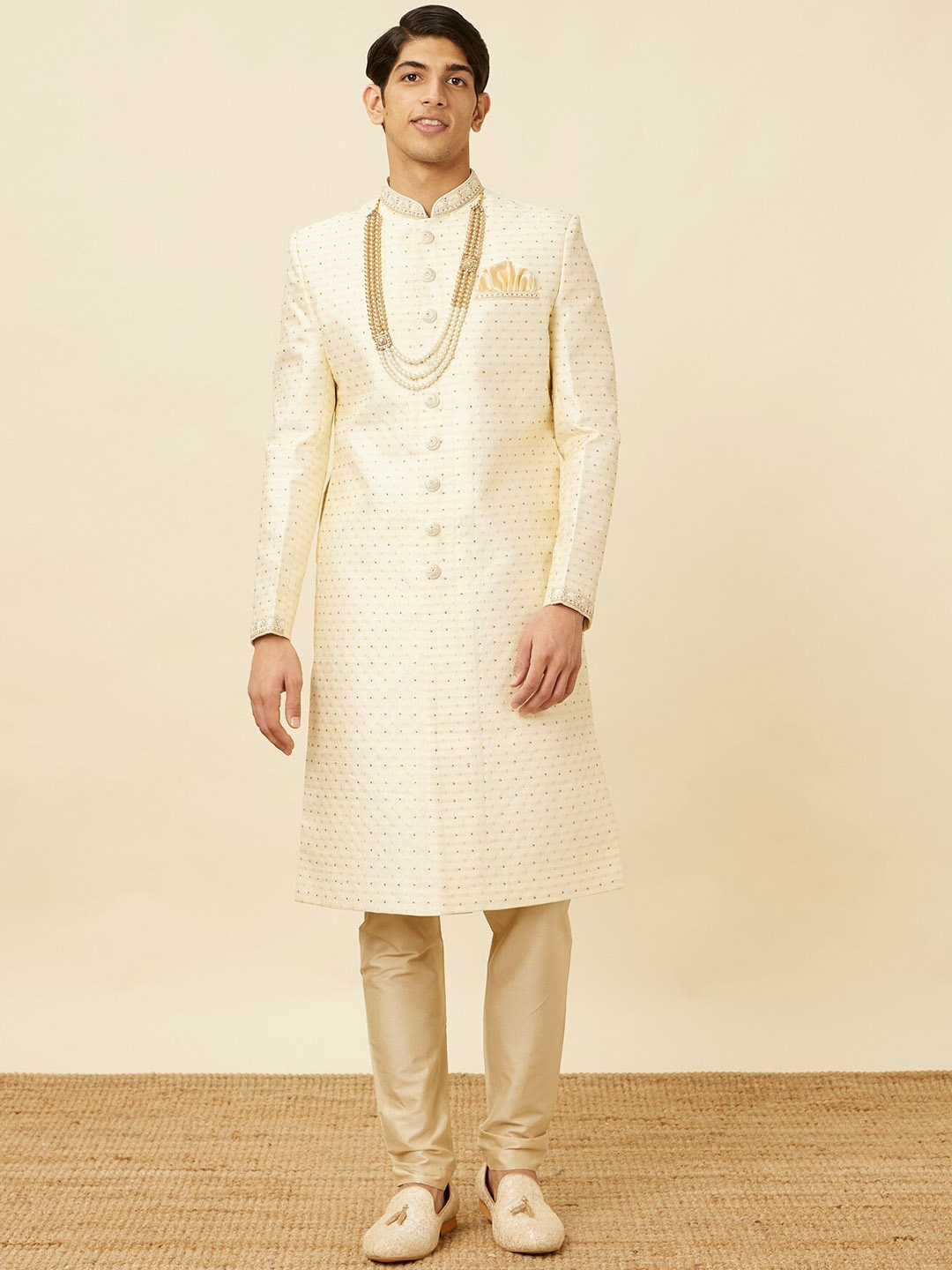 

Manyavar Men Self-Design Sherwani With Churidar, Cream