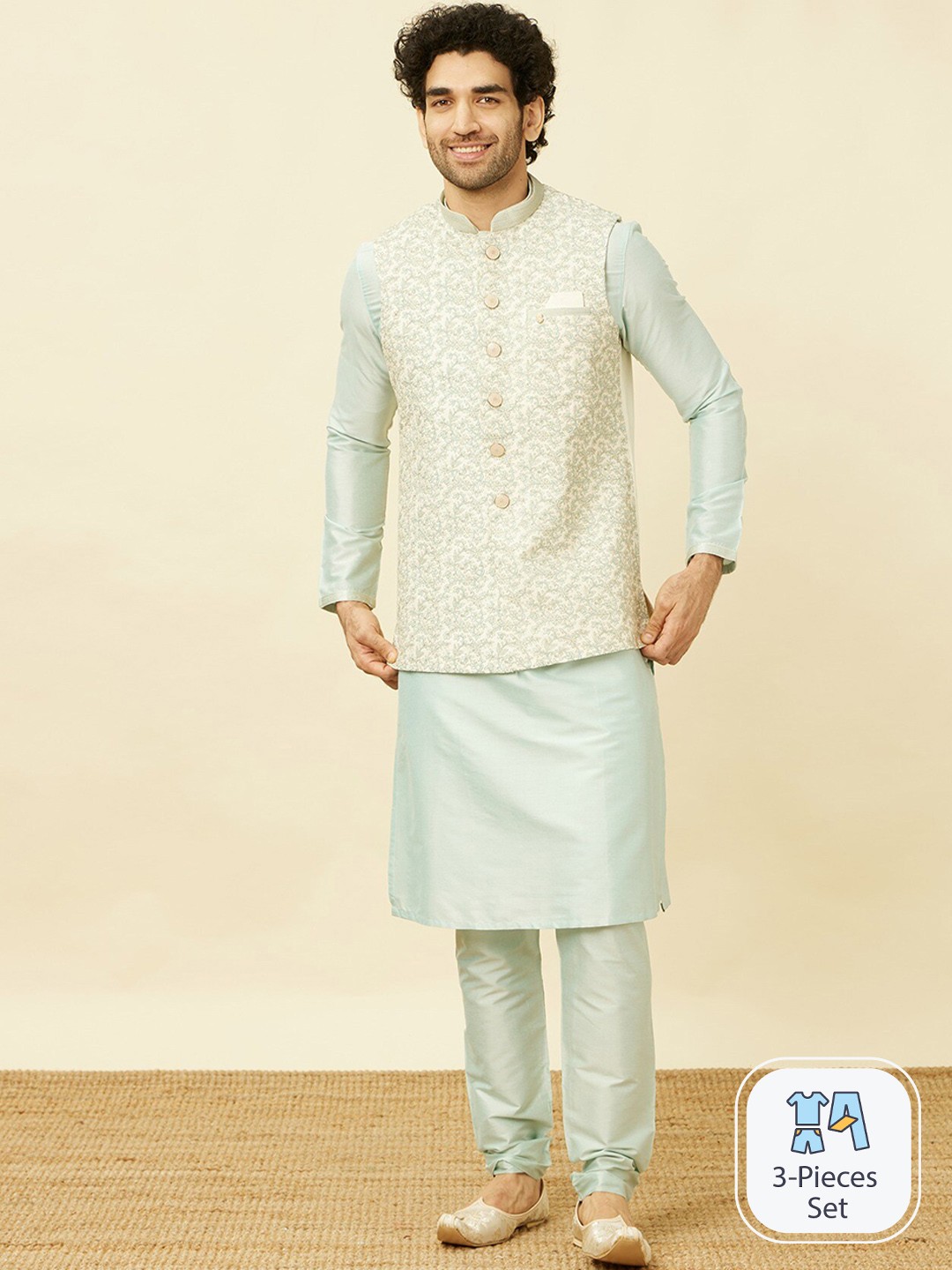 

Manyavar Solid Kurta and Pyjamas with Nehru Jacket, Green