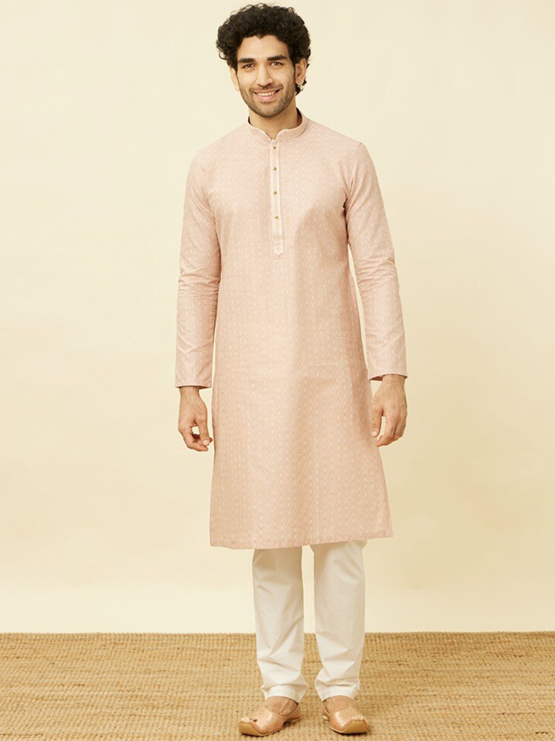 

Manyavar Mandarin Collar Regular Pure Cotton Kurta with Pyjamas, Pink