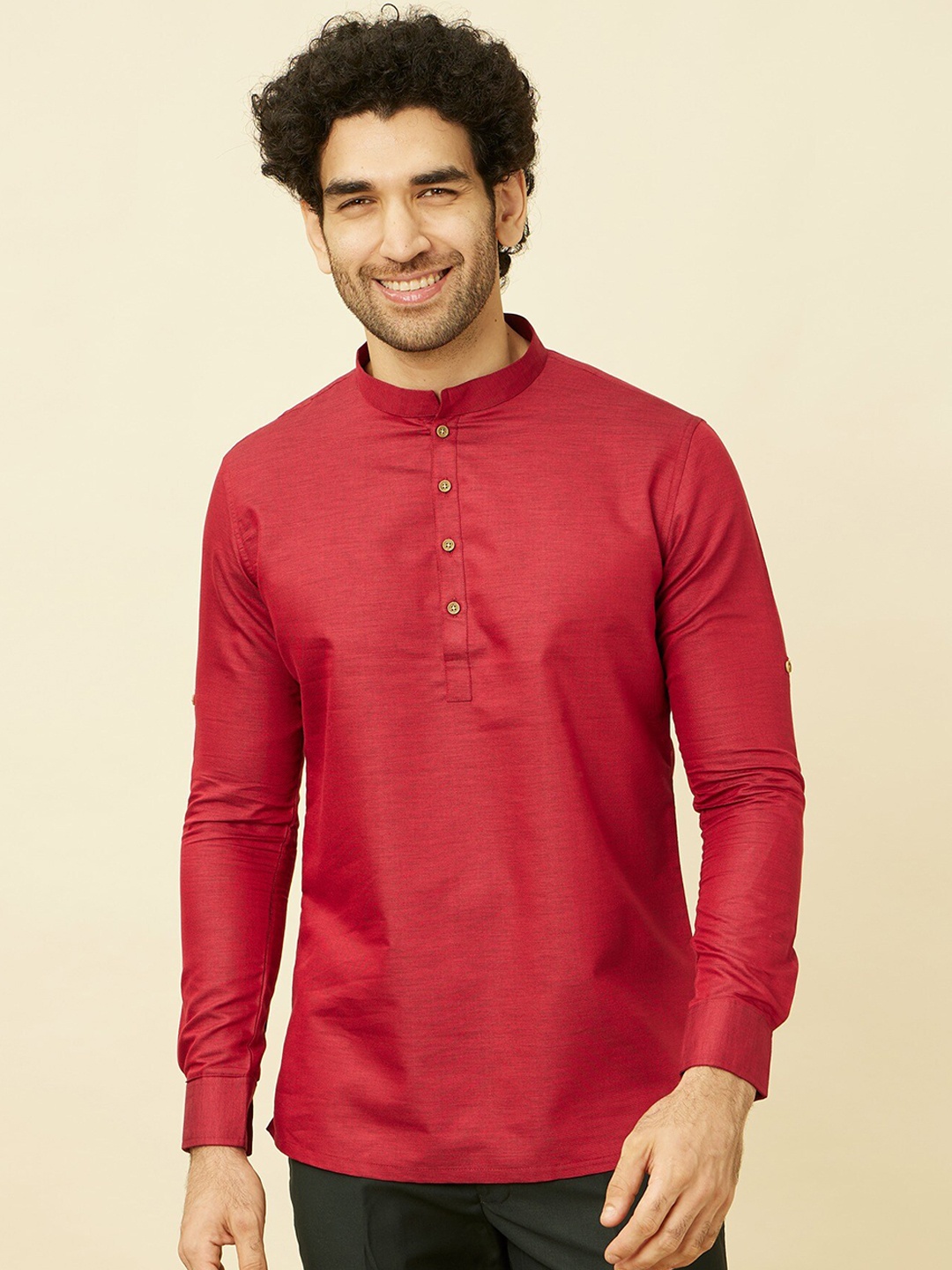 

Manyavar Mandarin Collar Pure Cotton Straight Kurta, Red