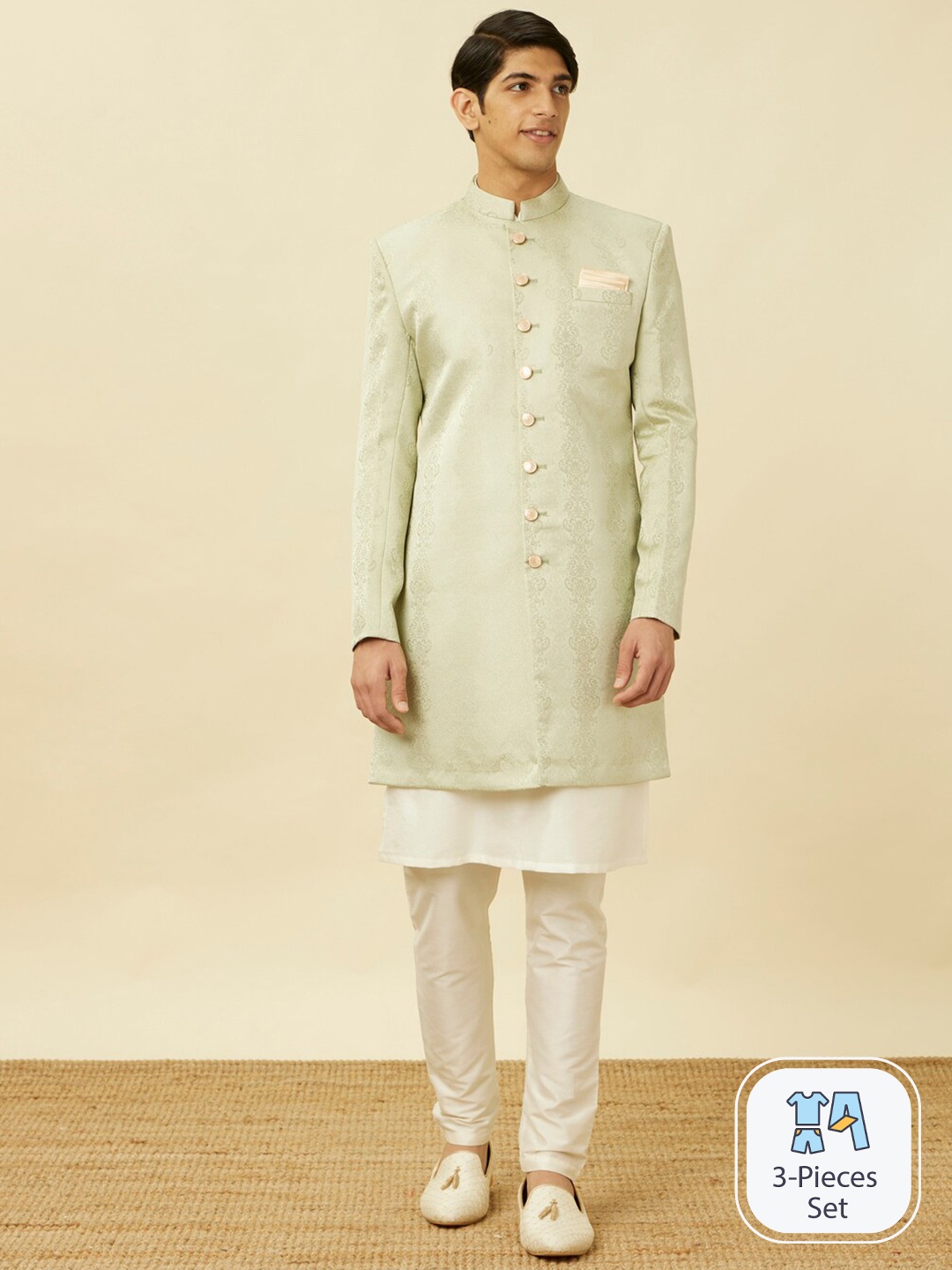 

Manyavar Woven Design Broacade Sherwani Set, Green