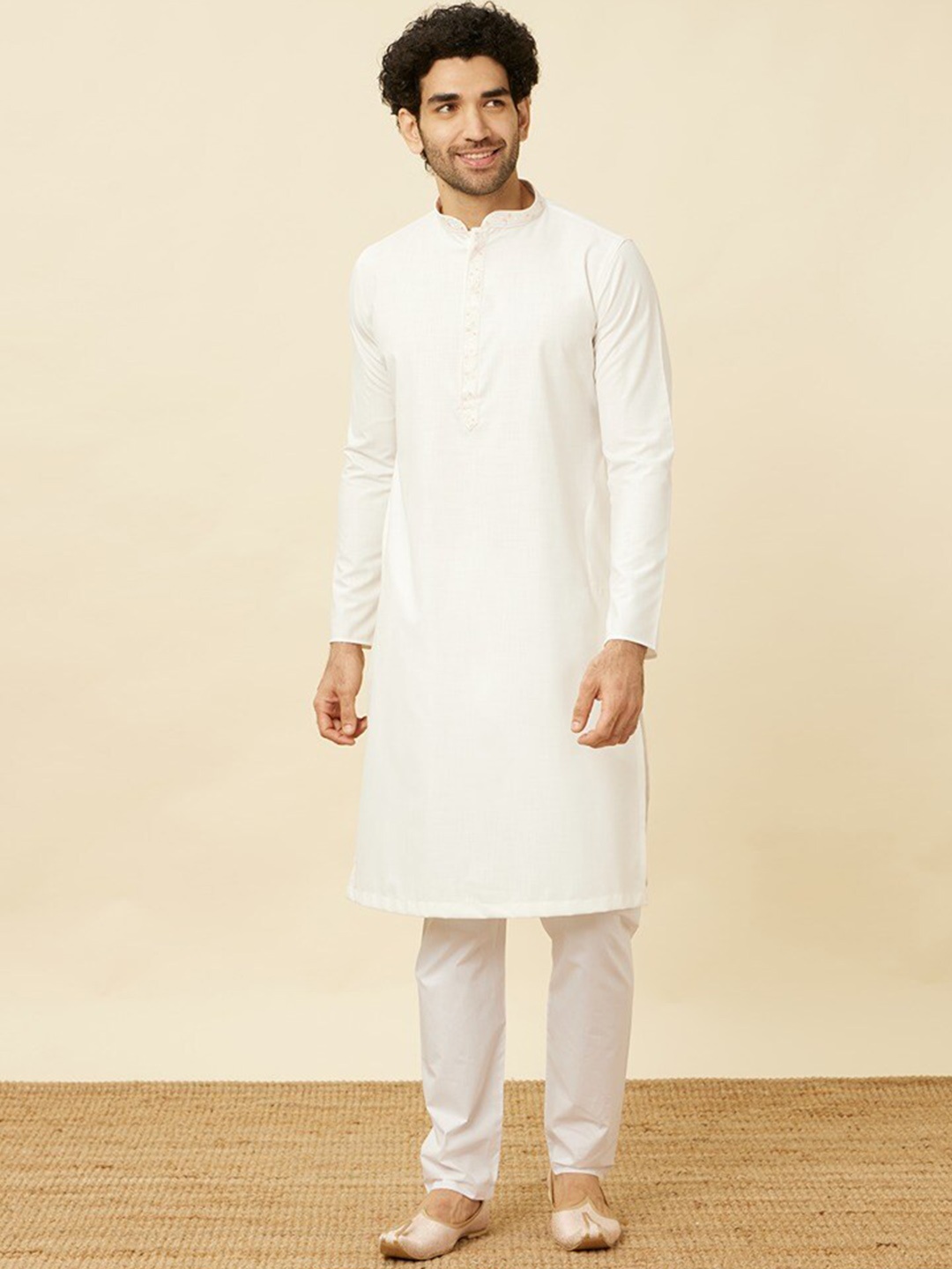 

Manyavar Floral Regular Thread Work Kurta With Pyjamas, White