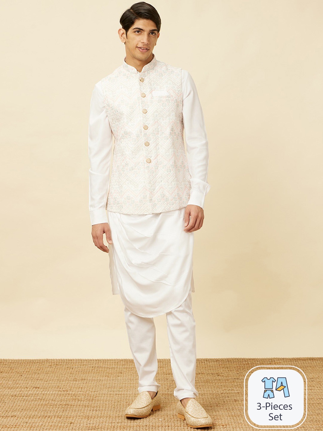 

Manyavar Regular Kurta With Pyjamas & Nehru Jacket, White