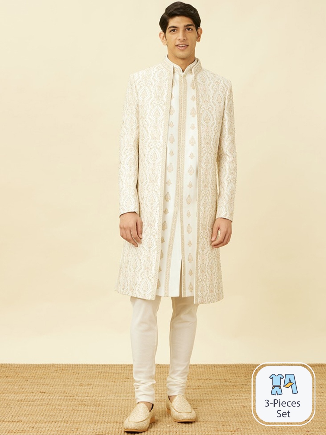 

Manyavar Art silk Self-Design Sherwani with solid Pyjama, White