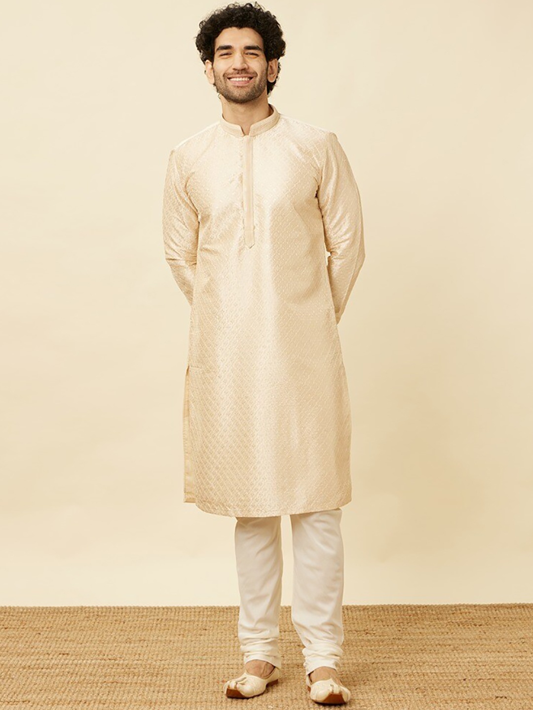 

Manyavar Ethnic Motifs Embroidered Mandarin Collar Kurta & Churidar, Beige