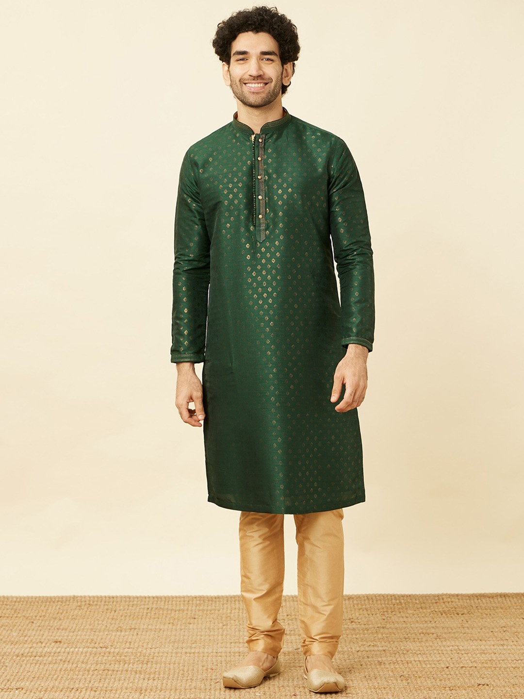 

Manyavar Ethnic Motifs Printed Mandarin Collar Art Silk Kurta with Pyjamas, Green