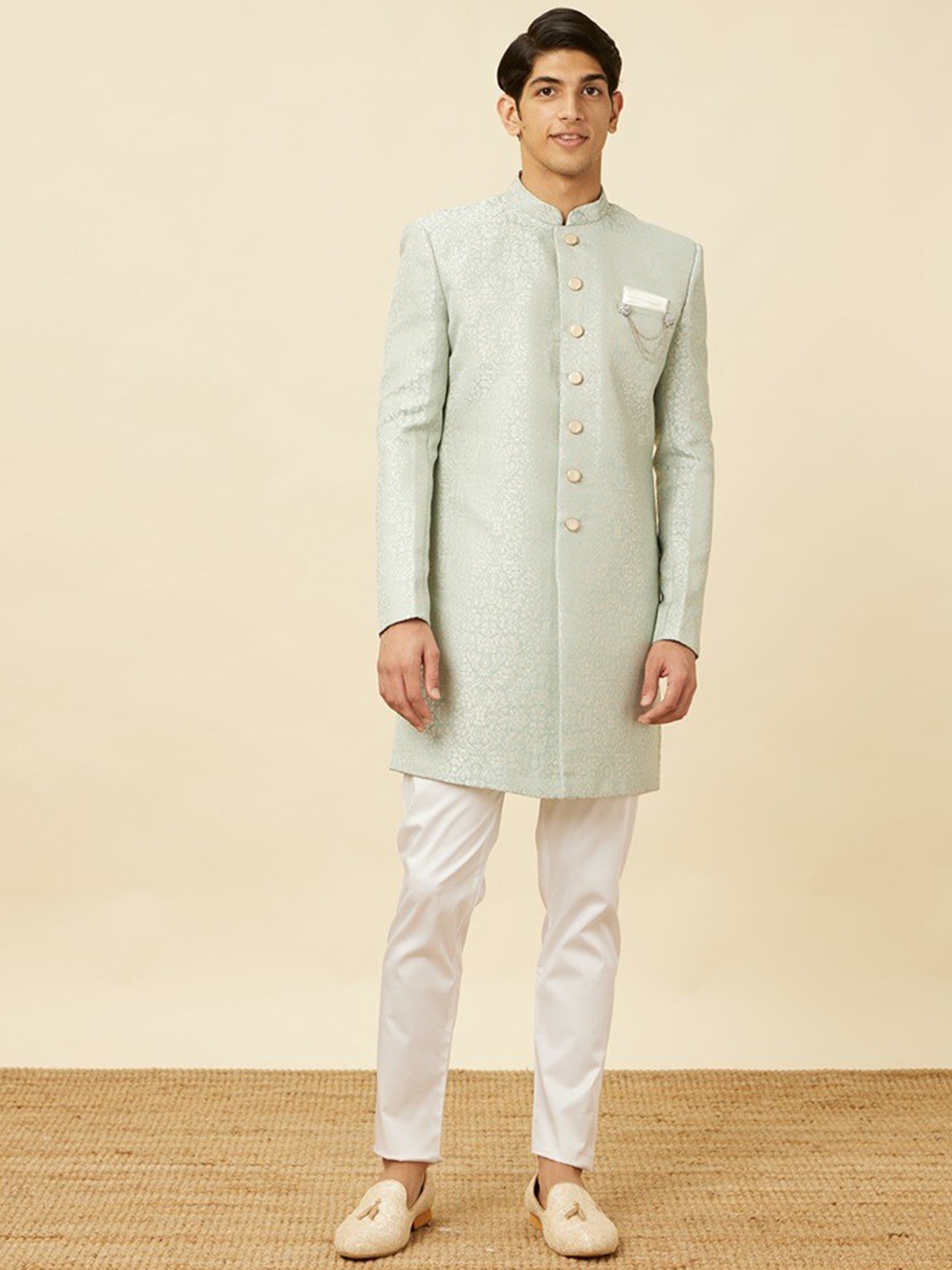 

Manyavar Woven-Design Sherwani With Trousers, Blue