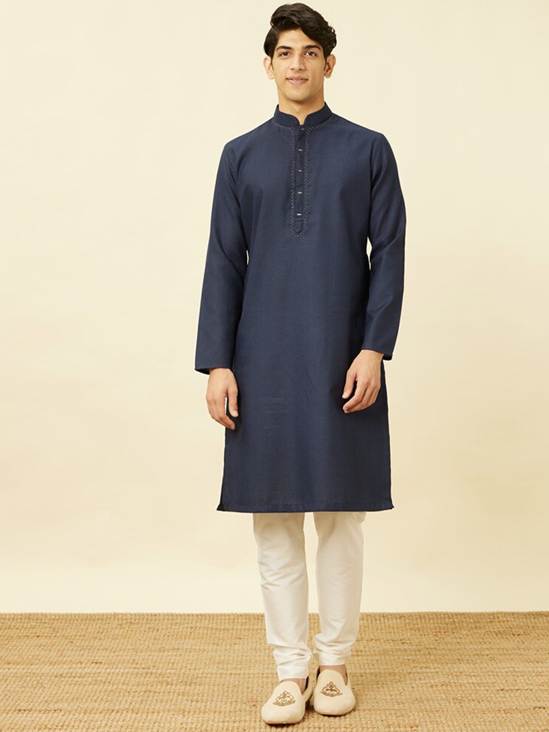 

Manyavar Mandarin Collar Kurta with Pyjamas, Blue
