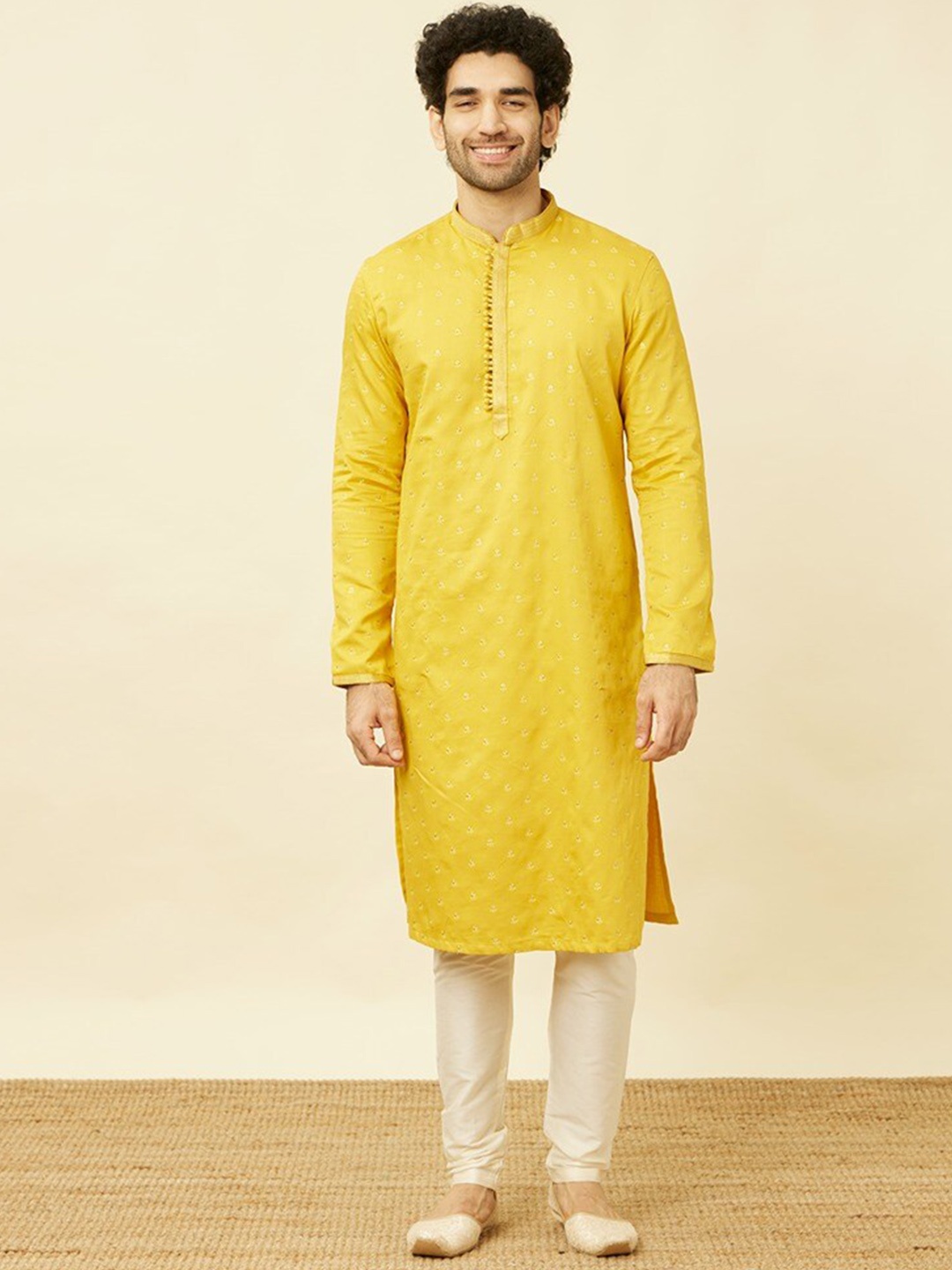 

Manyavar Ethnic Motifs Embroidered Regular Thread Work Pure Cotton Kurta With Pyjamas, Mustard