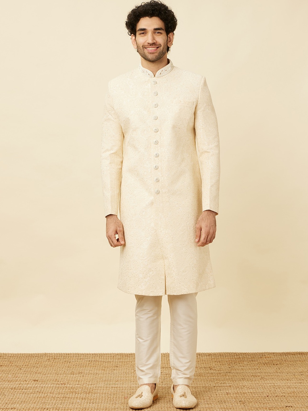 

Manyavar Embroidered Sherwani With Churidar, Cream