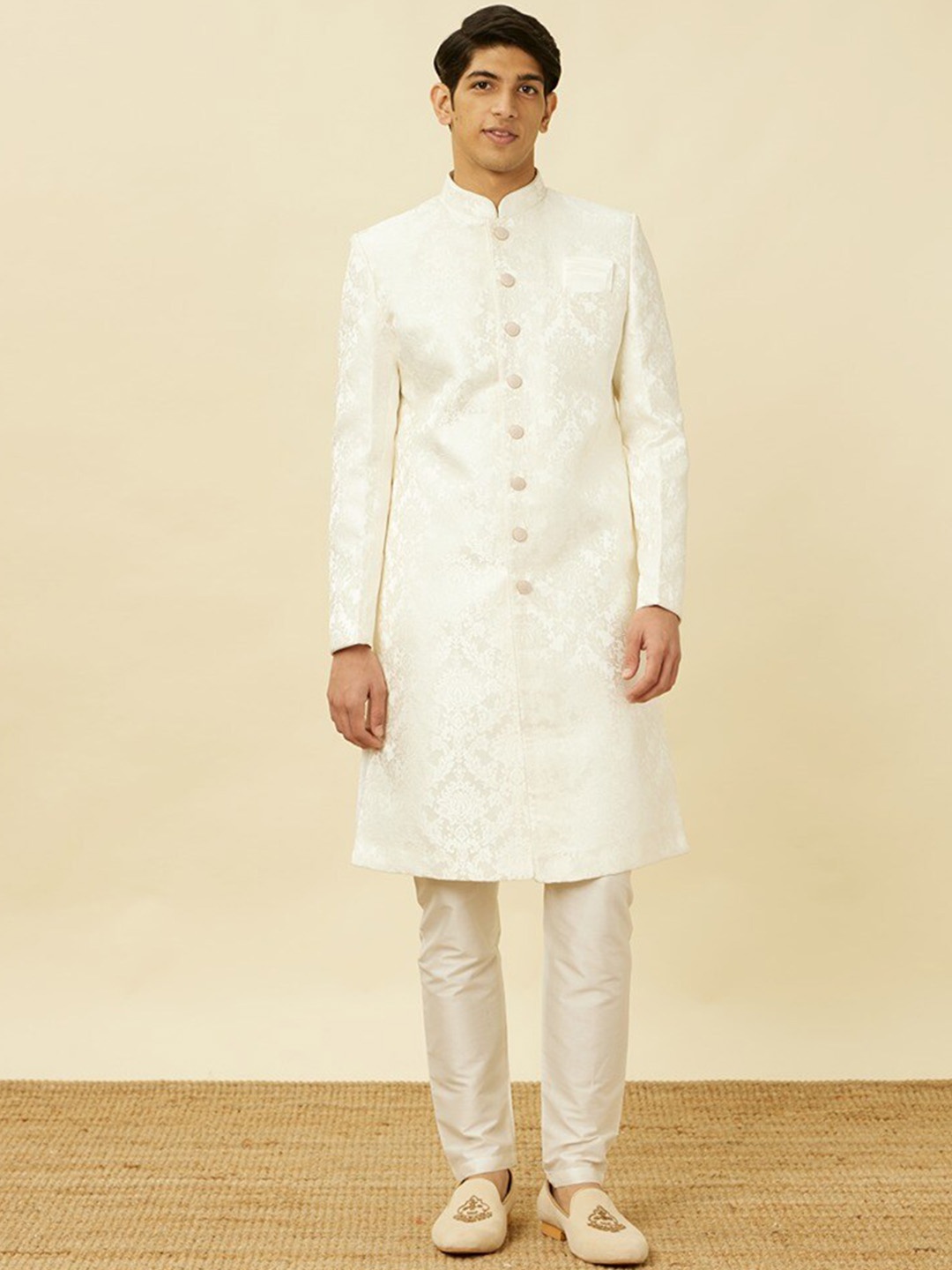 

Manyavar Self-Design Brocade Sherwani Set, Off white