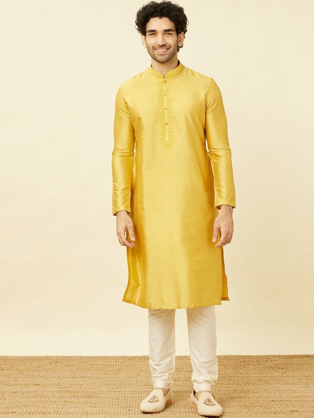

Manyavar Mandarin Collar Straight Kurta With Pyjamas, Mustard