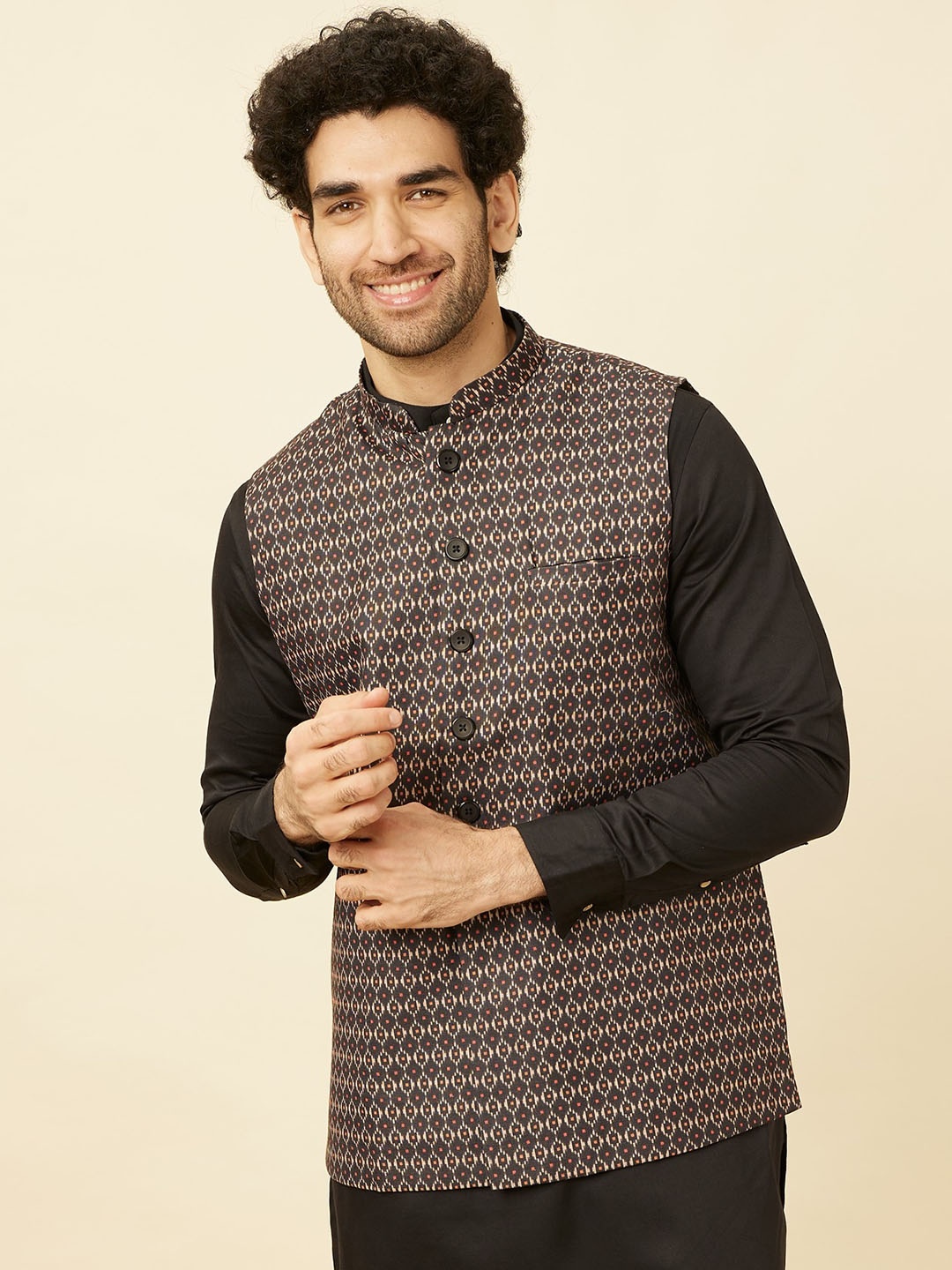 

Manyavar Ethnic Motifs Printed Mandarin Collar Nehru Jacket, Black