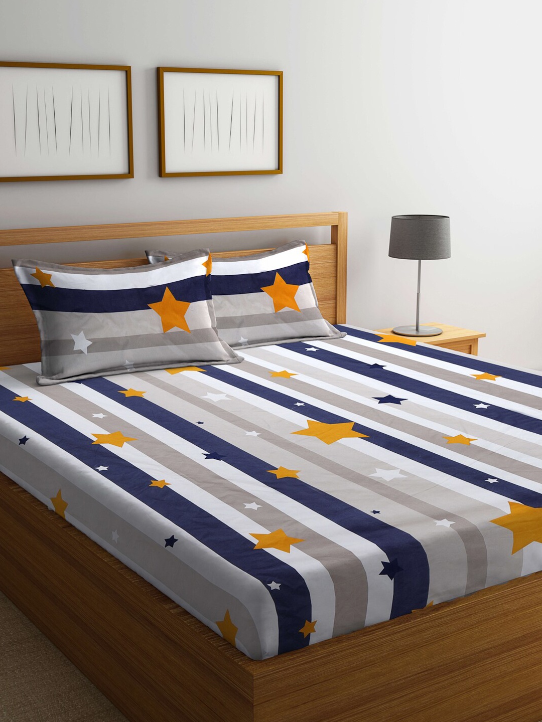 

KLOTTHE White & Blue Striped Cotton Blend 300 TC King Bedsheet With 2 Pillow Covers