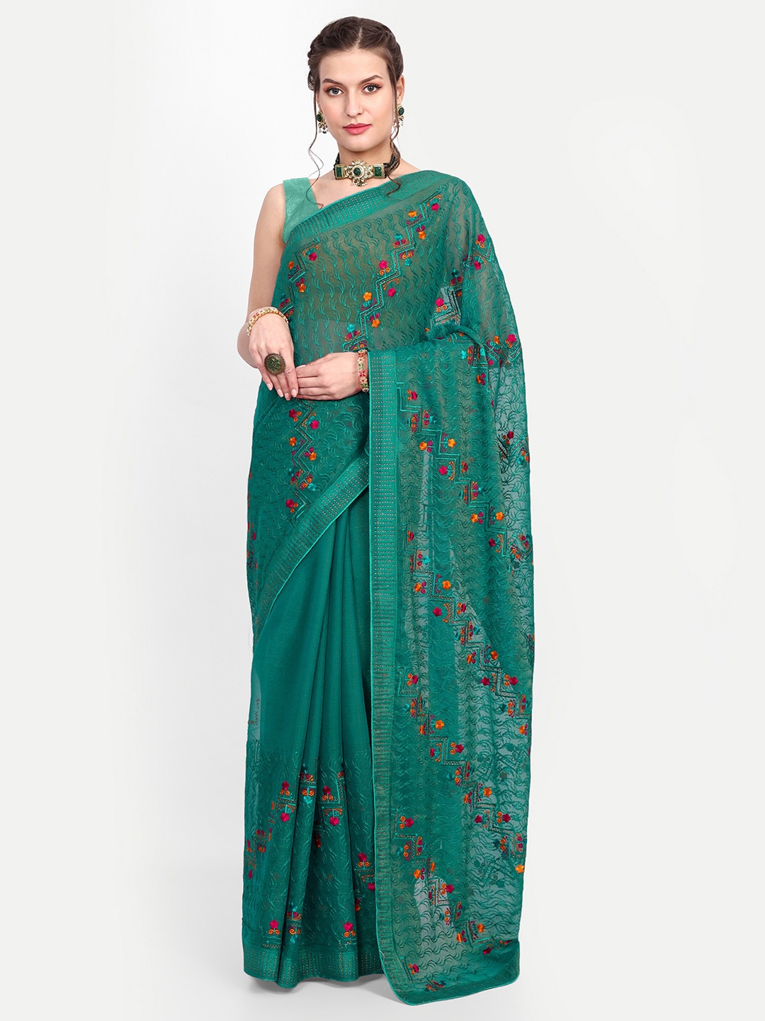 

choiceit Ethnic Motifs Embroidered Pure Silk Gadwal Saree, Green