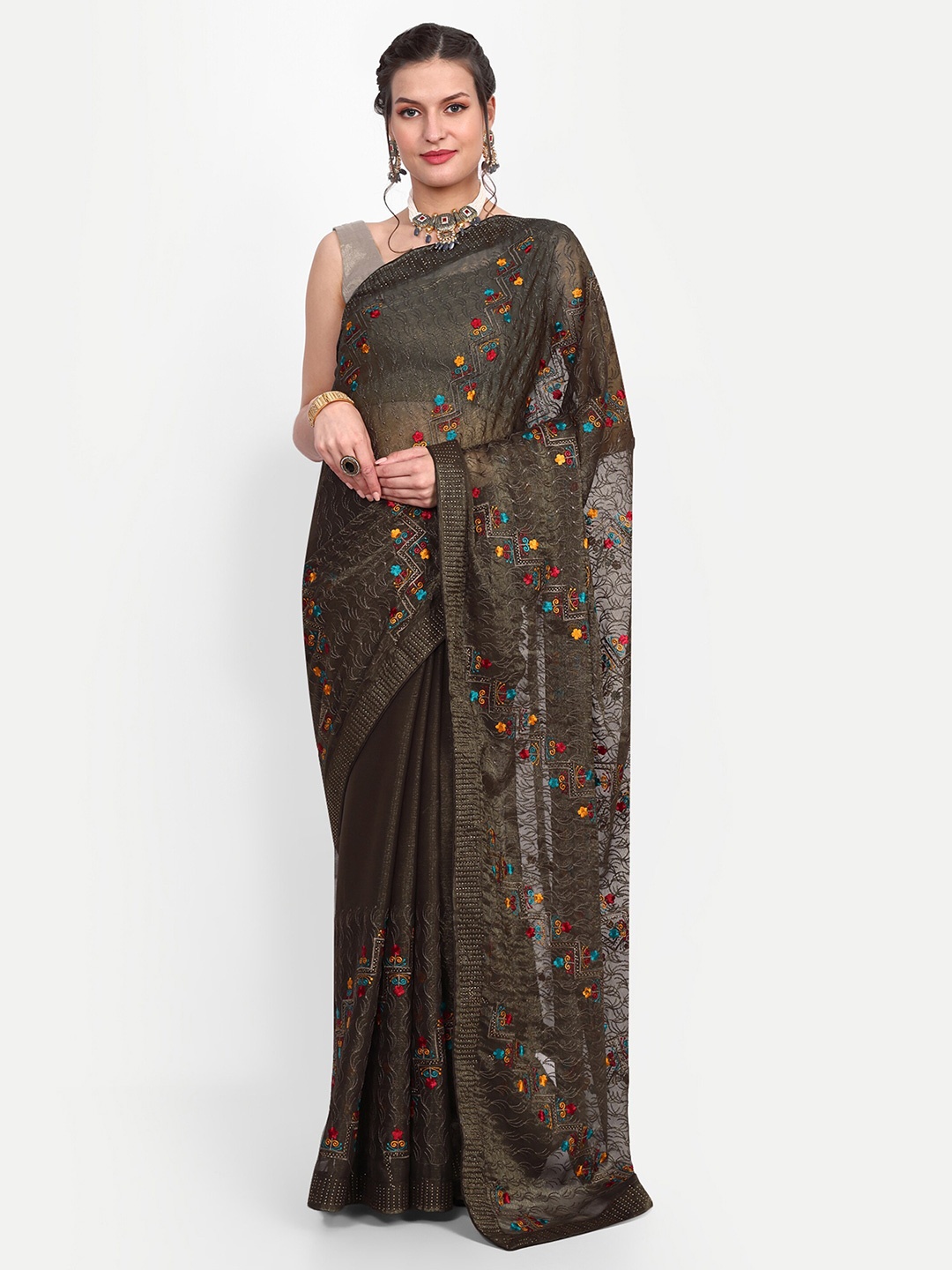 

choiceit Ethnic Motifs Embroidered Pure Silk Gadwal Saree, Grey