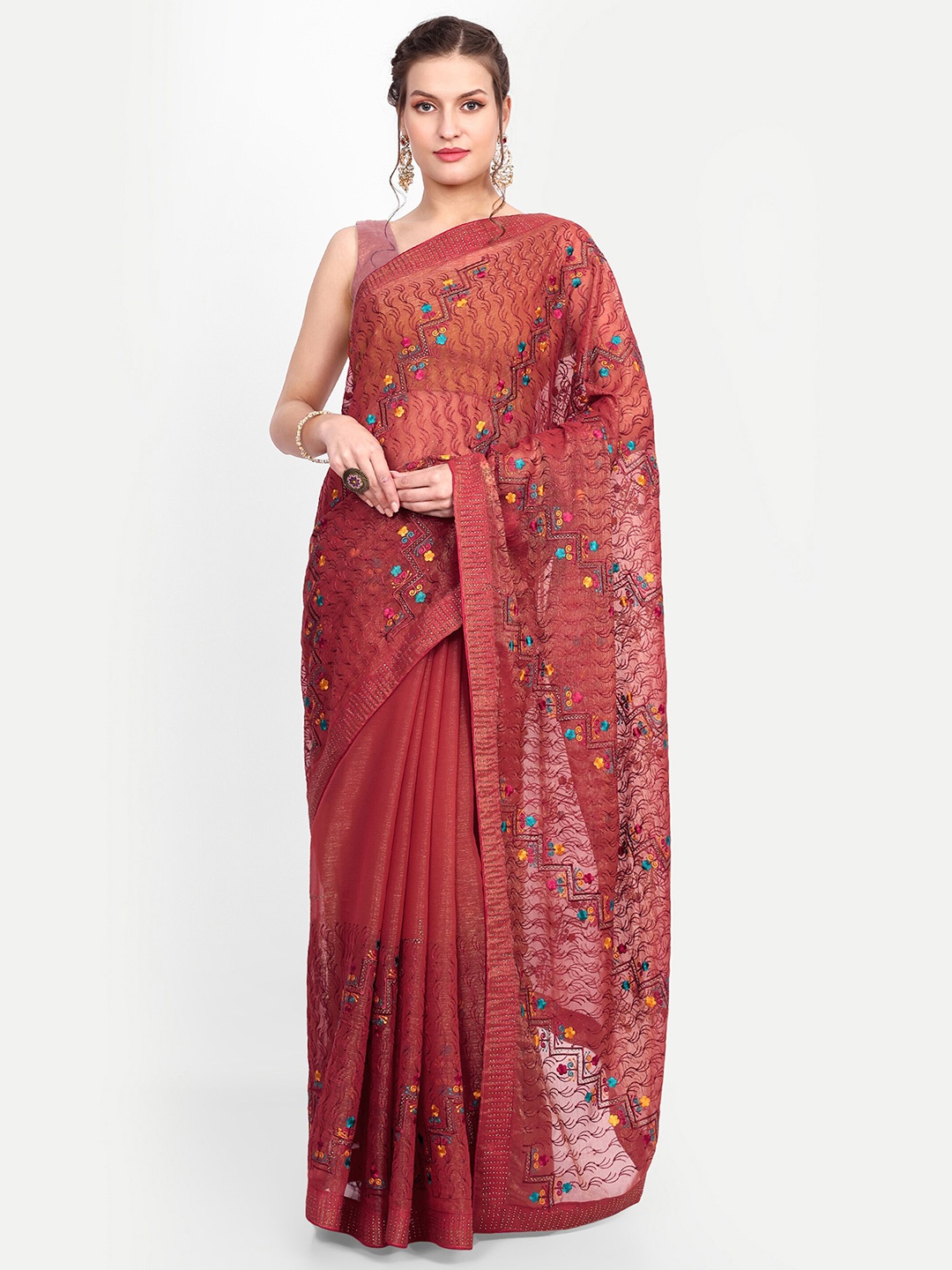 

choiceit Ethnic Motifs Embroidered Pure Silk Gadwal Saree, Orange
