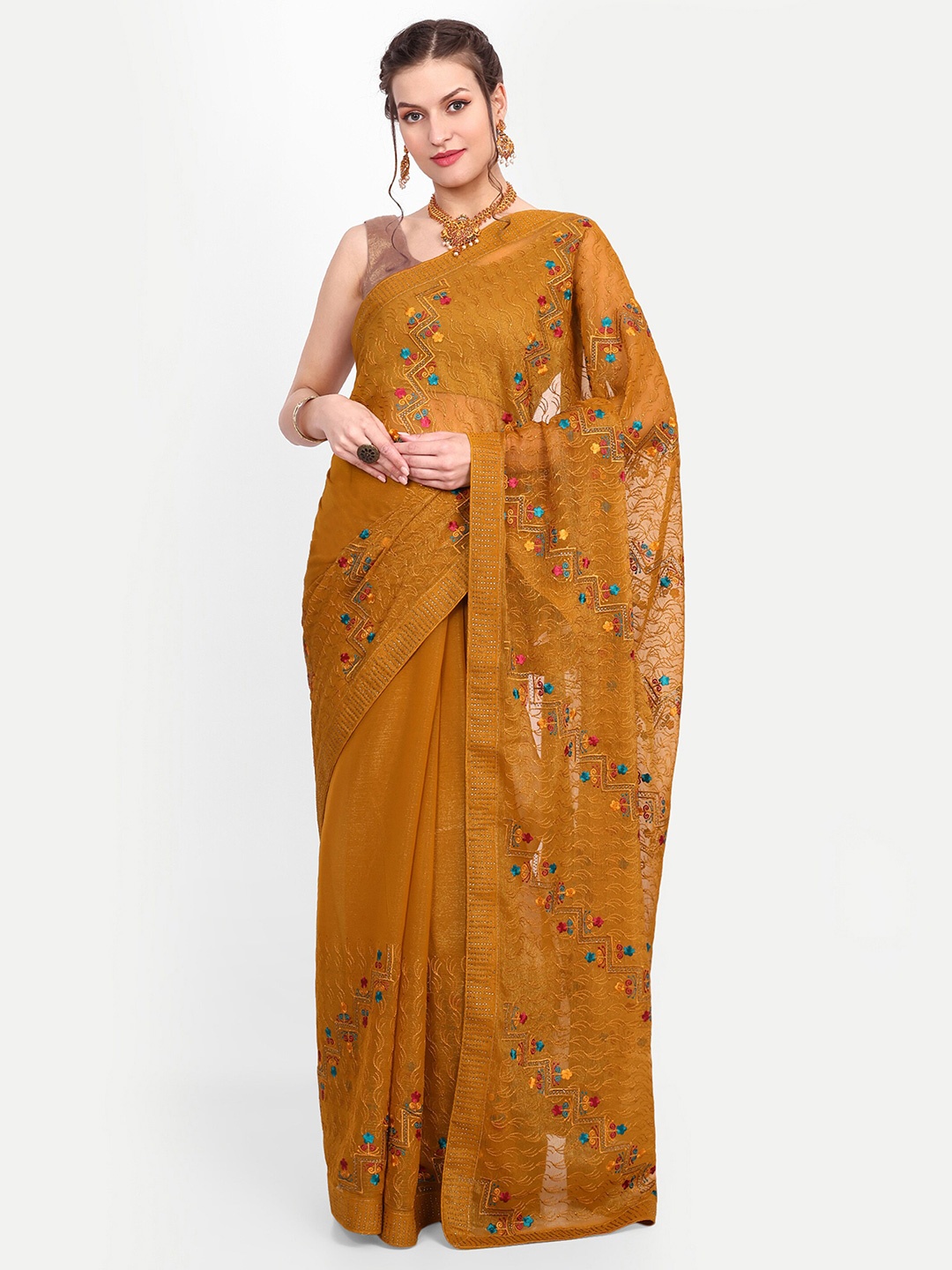

choiceit Ethnic Motifs Embroidered Pure Silk Gadwal Saree, Mustard