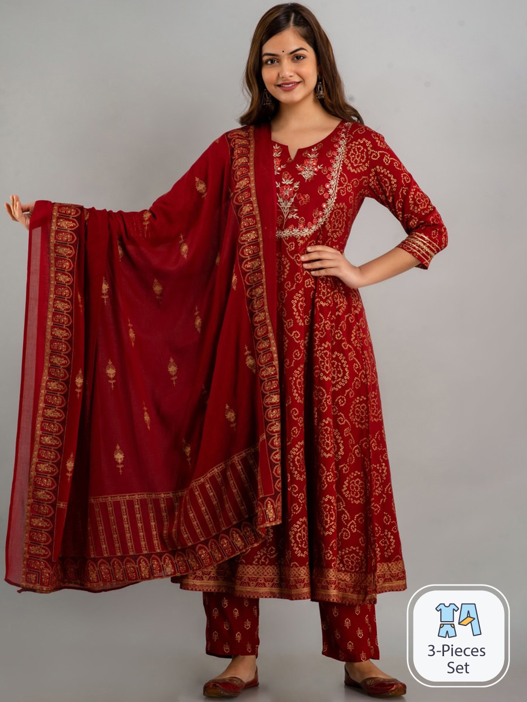 

NISHABD Ethnic Motifs Printed Regular Thread Work Kurta with Trousers & With Dupatta, Maroon