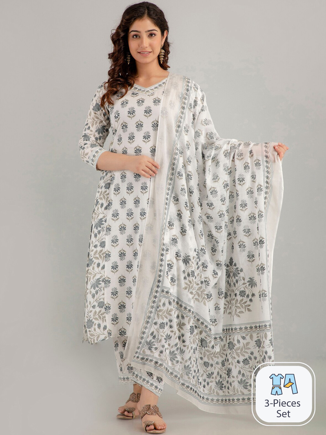

CKM Floral Printed Mirror Work Pure Cotton Kurta with Trousers & Dupatta, White