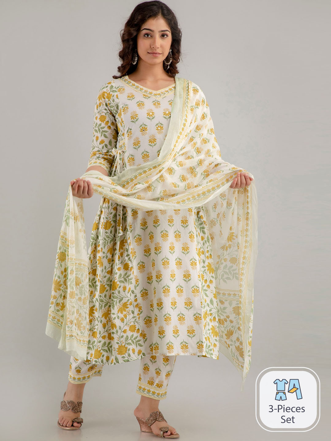 

CKM Floral Printed Mirror Work Pure Cotton Kurta with Trousers & Dupatta, White