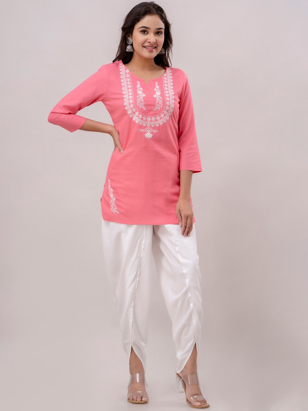 CKM Floral Yoke Design Thread Work Kurti with Dhoti Pants, Pink