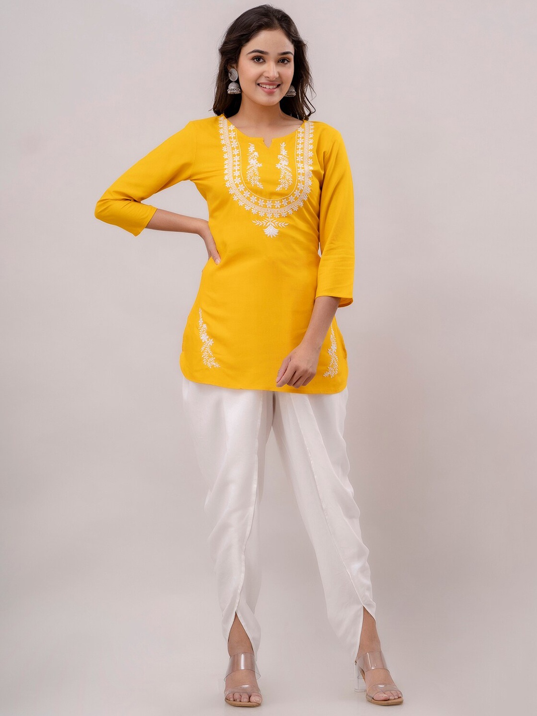 

CKM Floral Yoke Design Thread Work Kurti with Dhoti Pants, Yellow