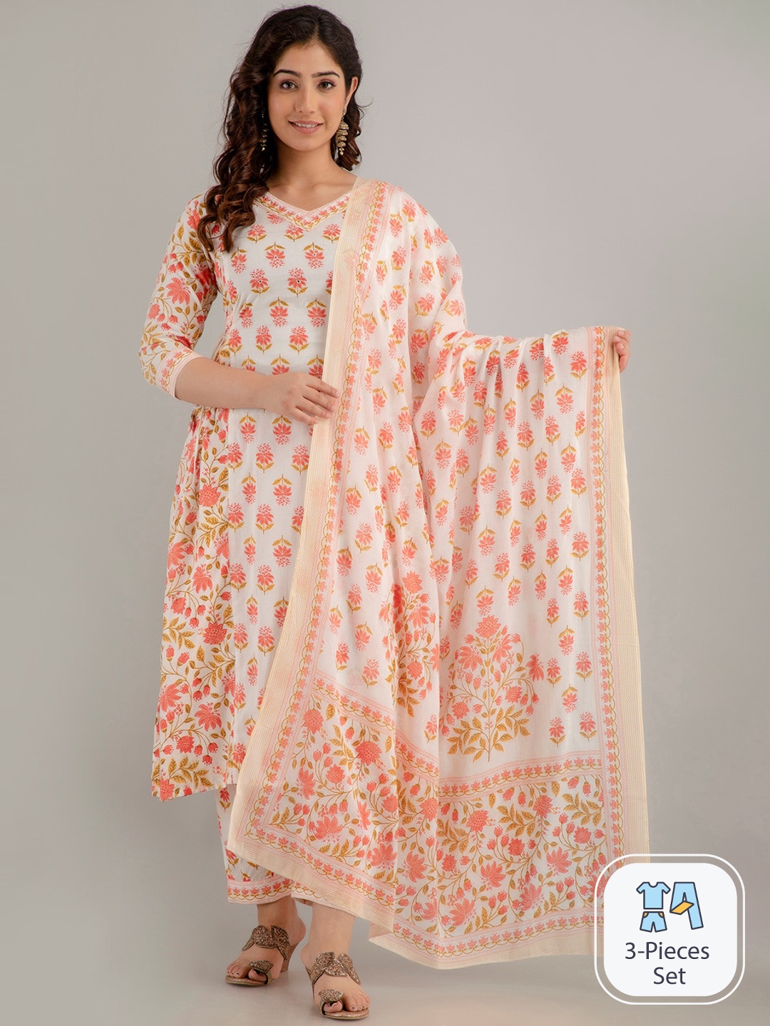 

CKM Floral Printed Mirror Work Pure Cotton Kurta with Trousers & Dupatta, White