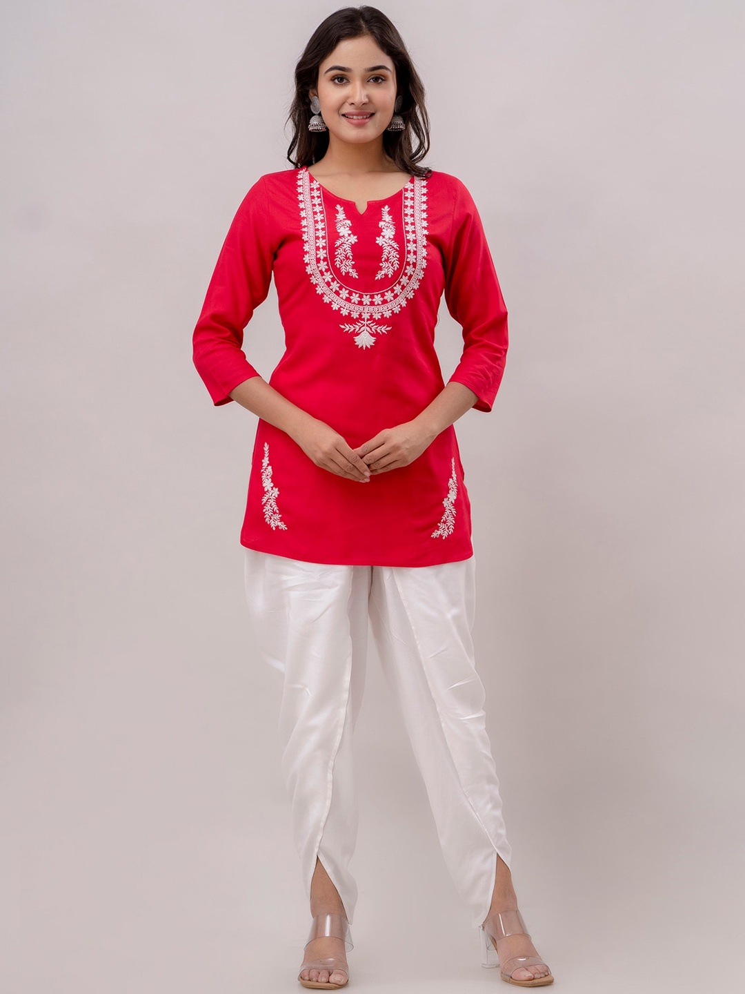

CKM Floral Yoke Design Thread Work Kurti with Dhoti Pants, Red