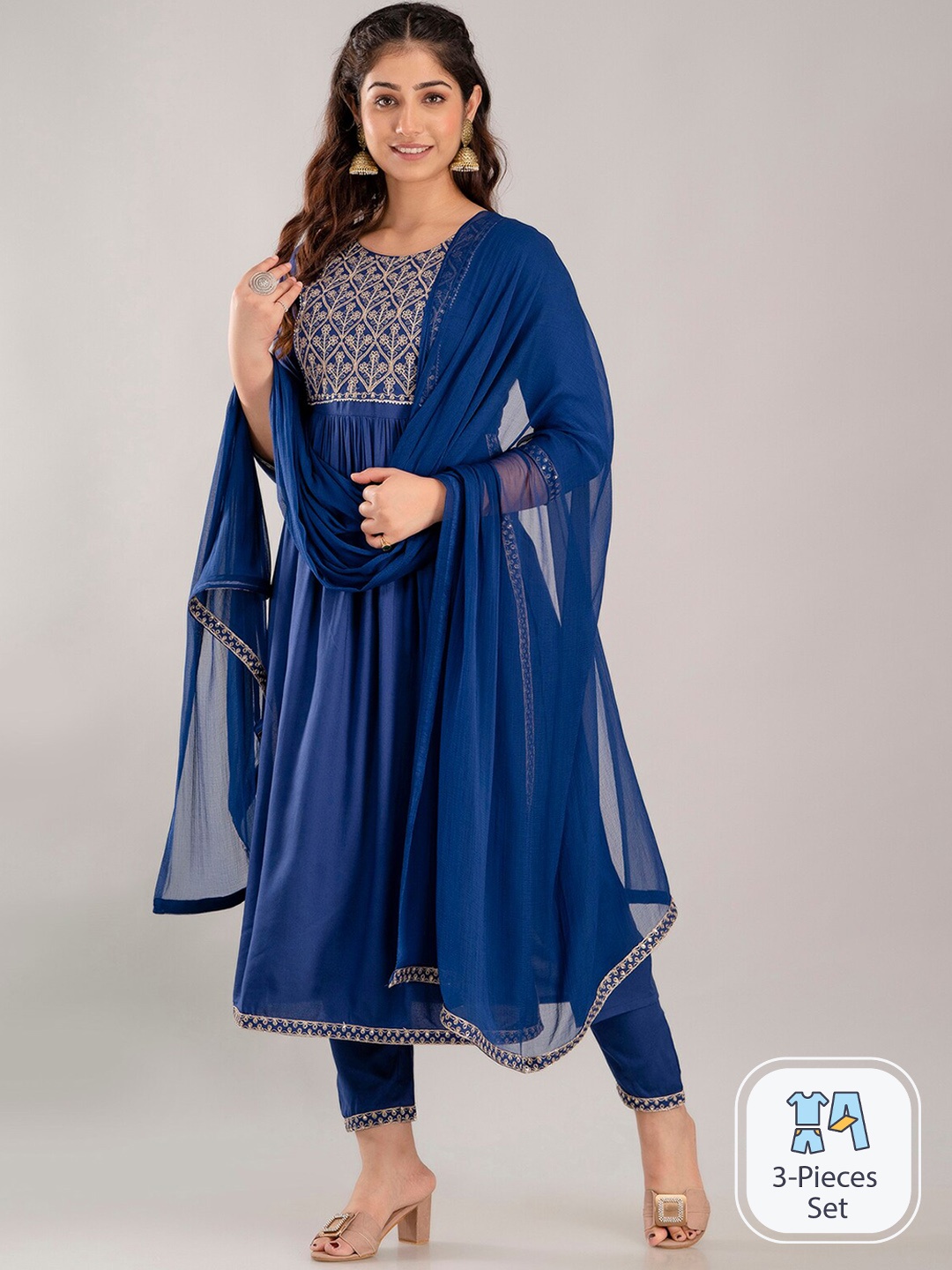 

CKM Floral Embroidered Sequined A-Line Kurta with Trousers & Dupatta, Navy blue