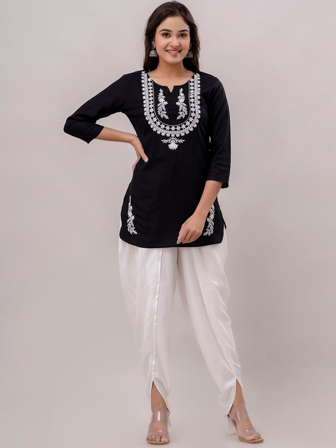 

CKM Floral Yoke Design Thread Work Kurti with Dhoti Pants, Black