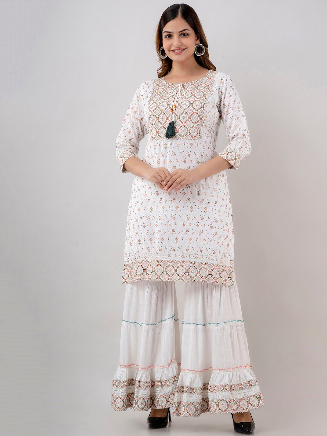 

CKM Ethnic Motifs Printed Gotta Patti Kurta with Sharara & Dupatta, White