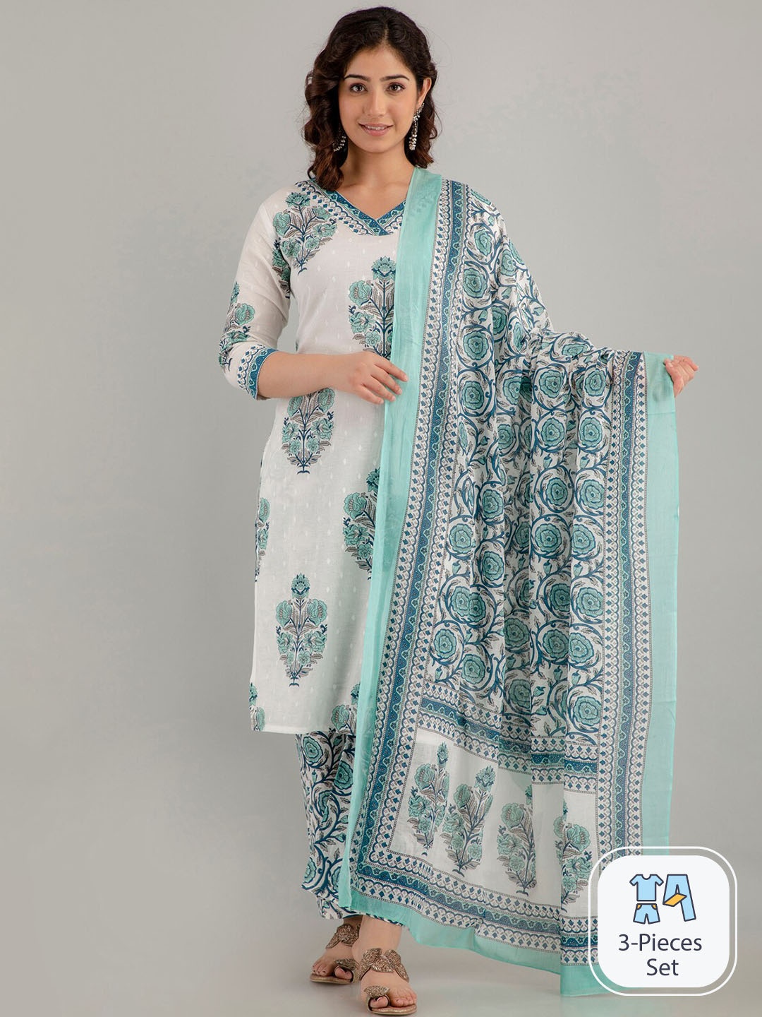 

CKM Floral Printed Pure Cotton Kurta with Trousers & Dupatta, White