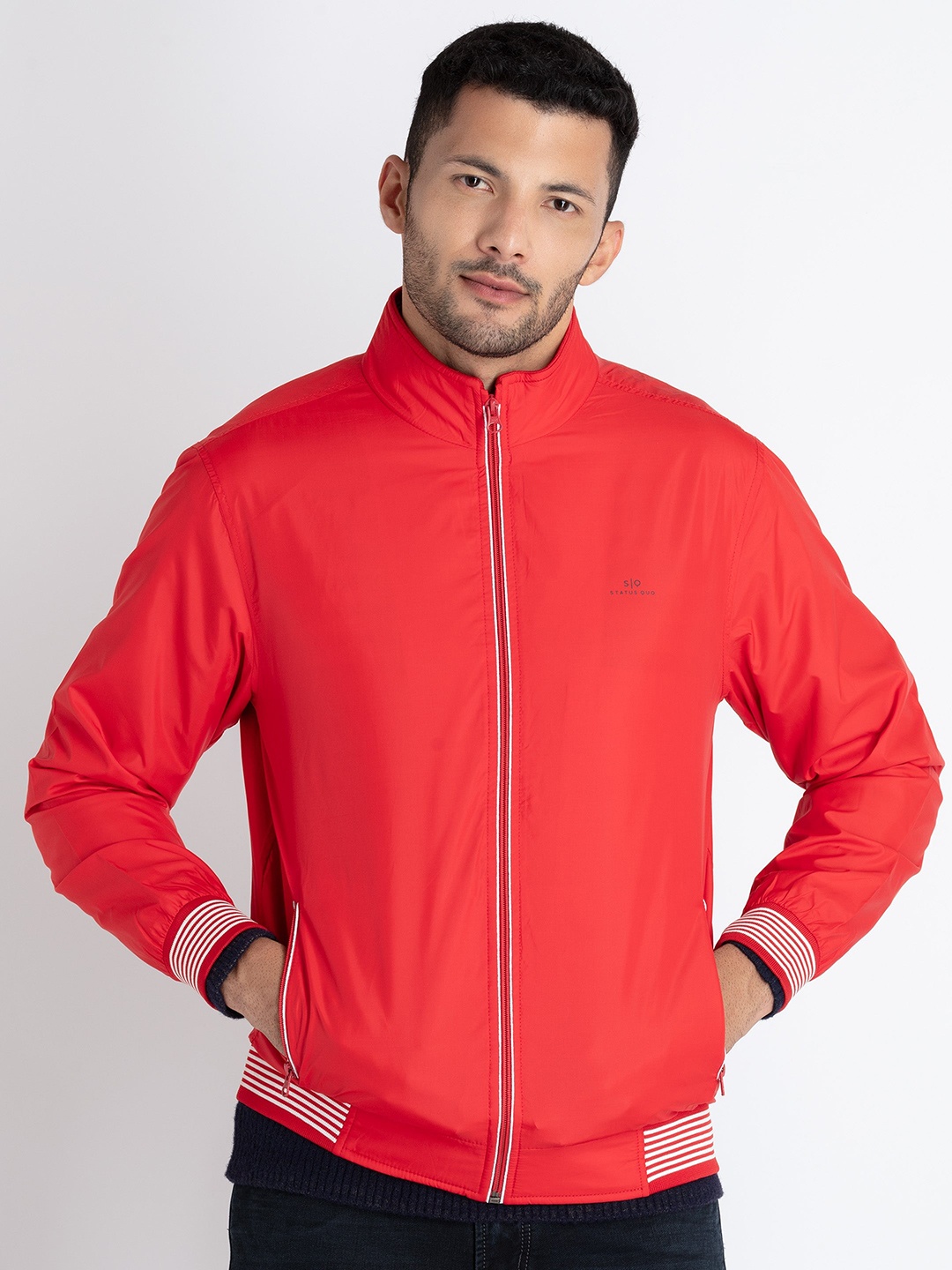 

Status Quo Stand Collar Lightweight Bomber Jacket, Red