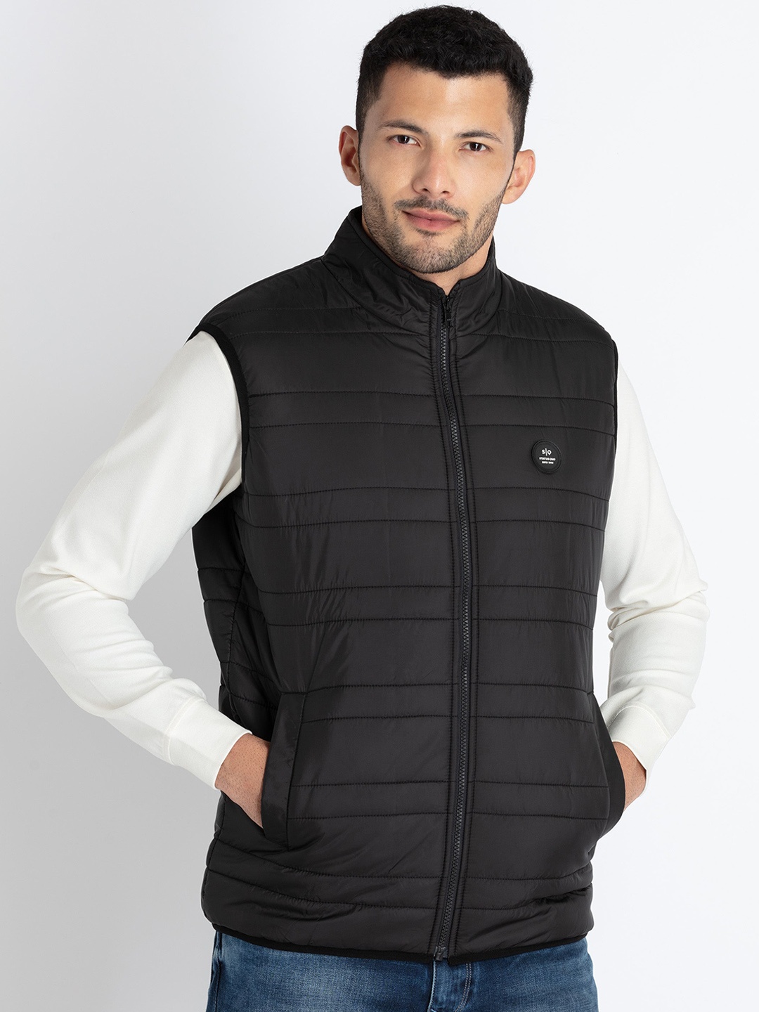 

Status Quo Stand Collar Sleeveless Padded Jacket, Black