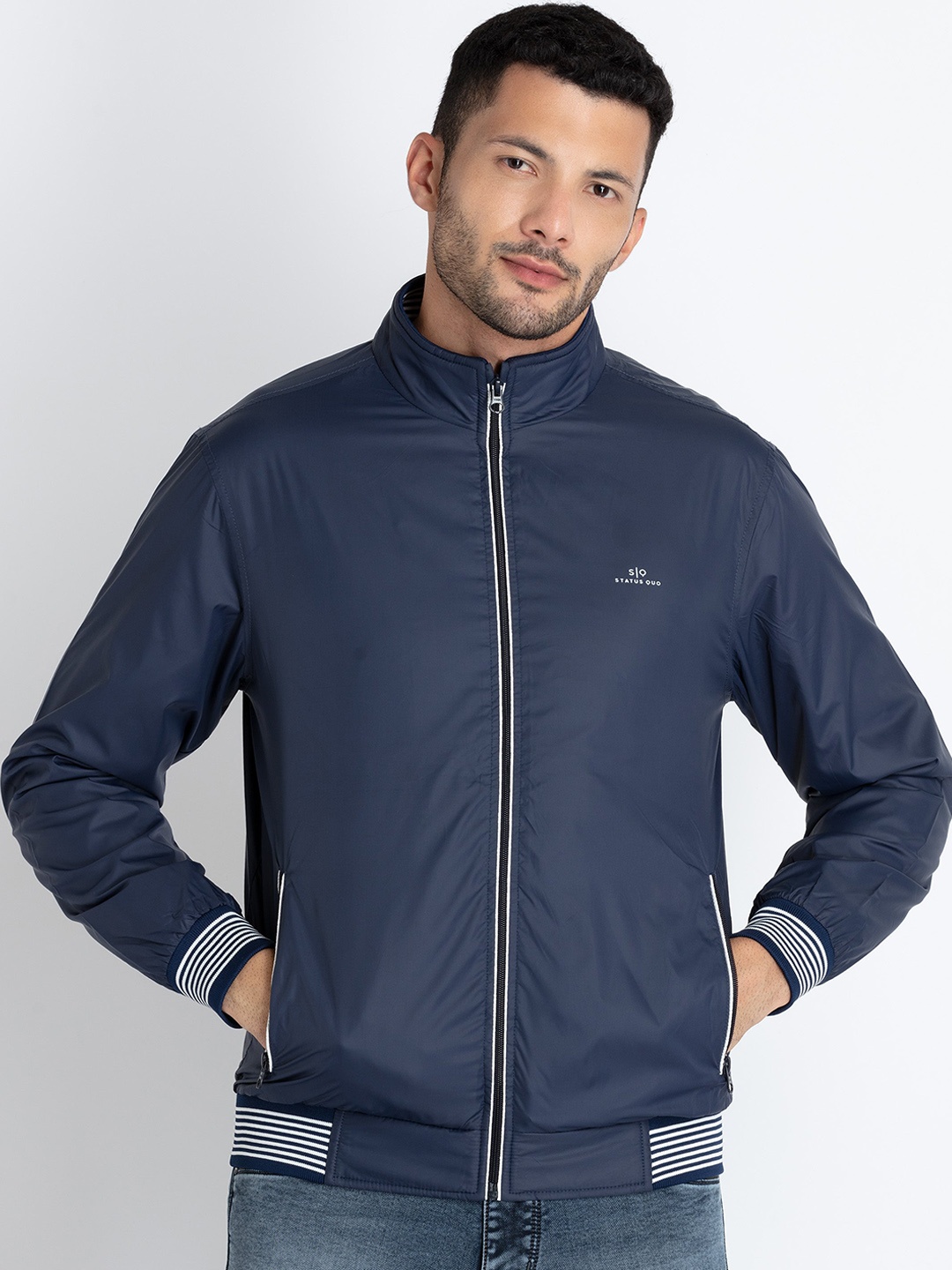 

Status Quo Stand Collar Lightweight Bomber Jacket, Navy blue