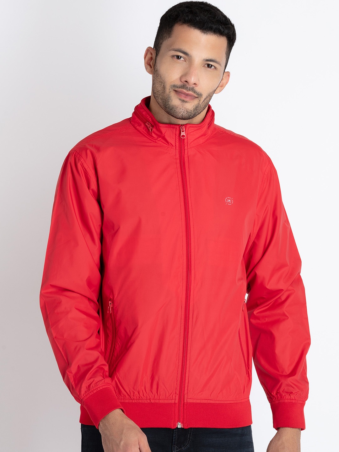 

Status Quo Stand Collar Lightweight Bomber Jacket, Red